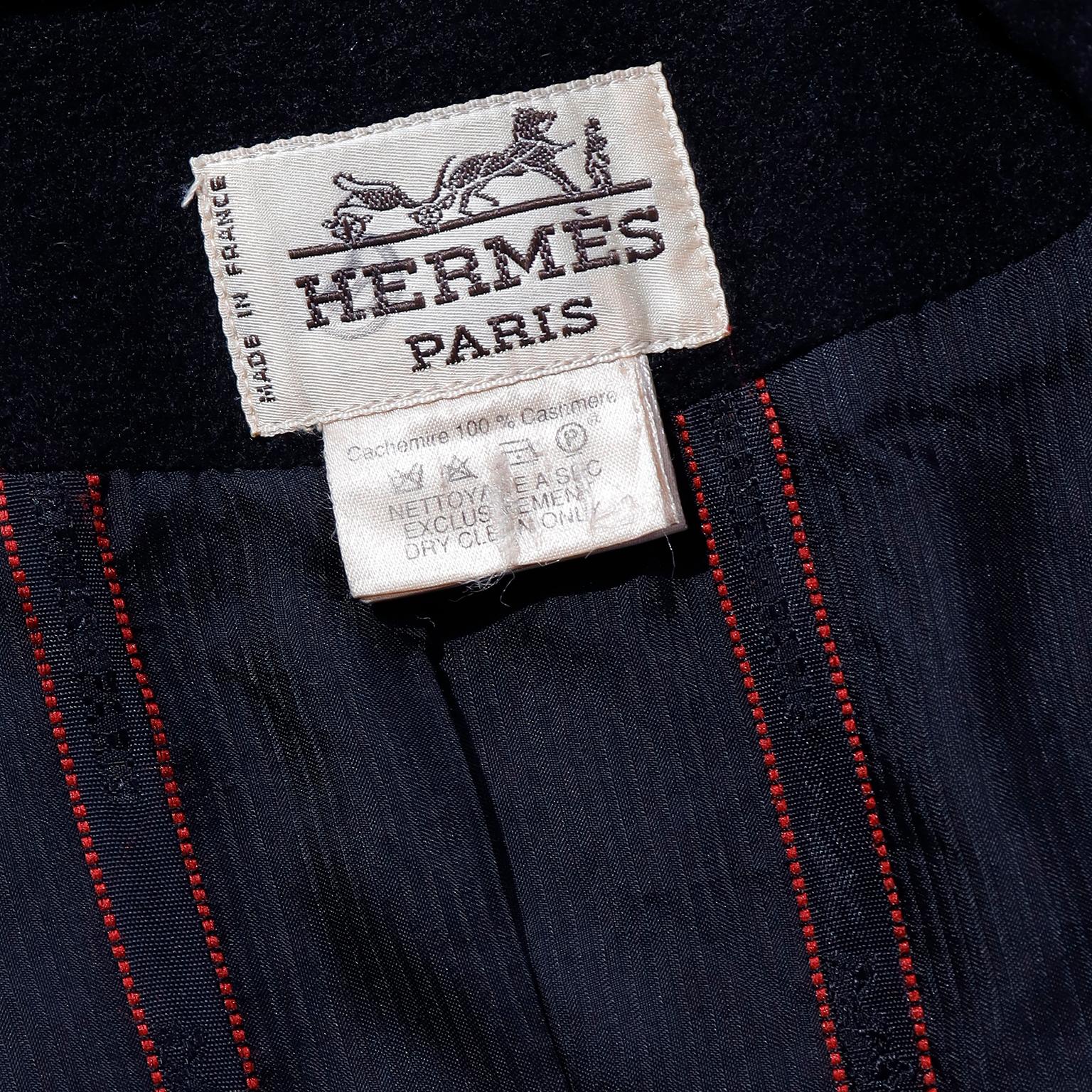 Vintage Hermes Black Cashmere Coat With Toggle Closure Hem & Drawstring Belt For Sale 8