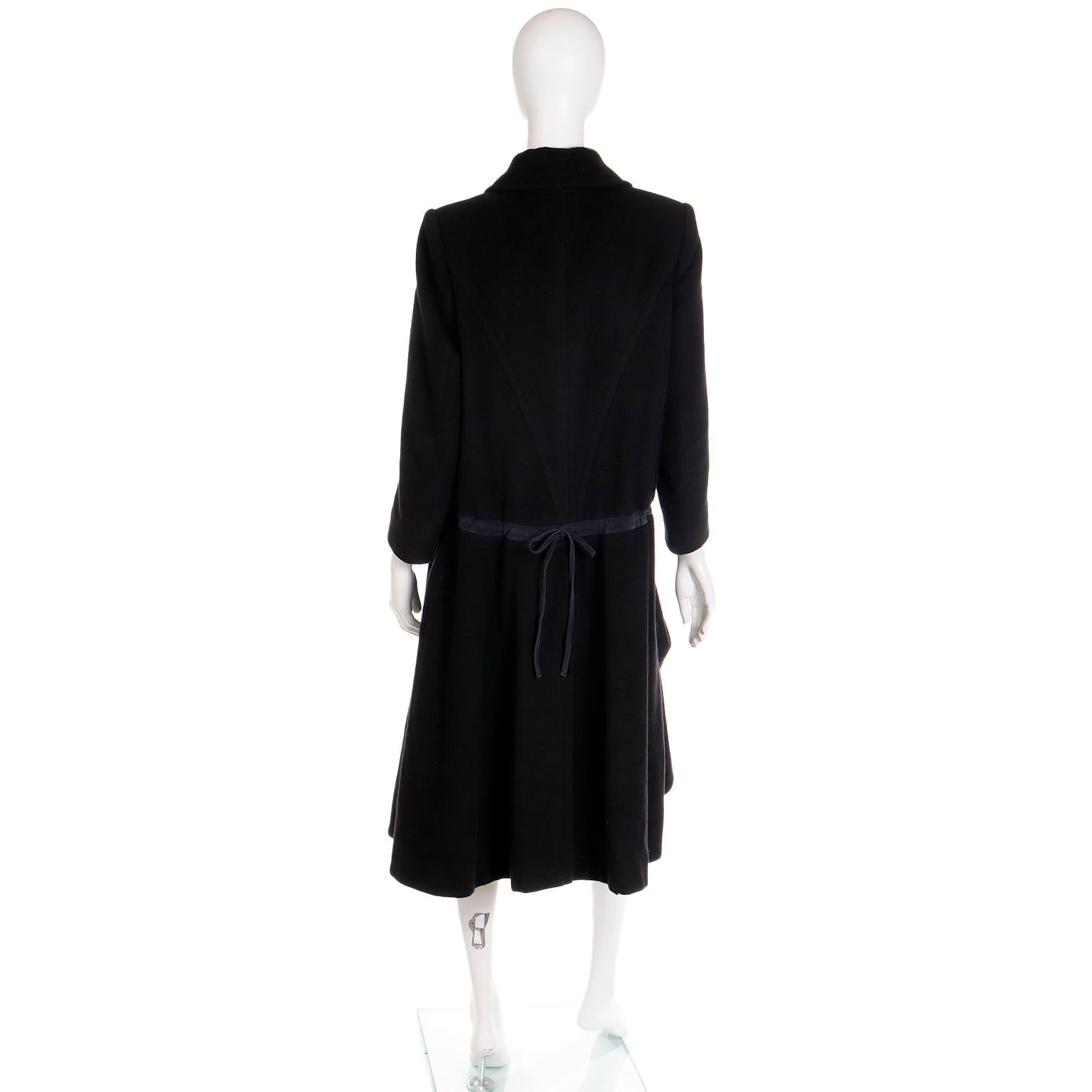 Women's Vintage Hermes Black Cashmere Coat With Toggle Closure Hem & Drawstring Belt For Sale