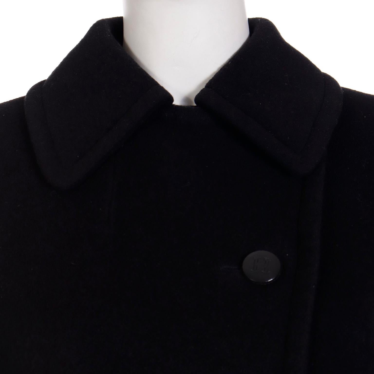 Vintage Hermes Black Cashmere Coat With Toggle Closure Hem & Drawstring Belt For Sale 3