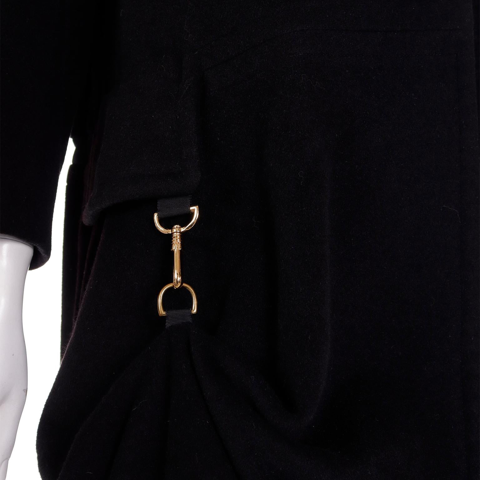 Vintage Hermes Black Cashmere Coat With Toggle Closure Hem & Drawstring Belt For Sale 4
