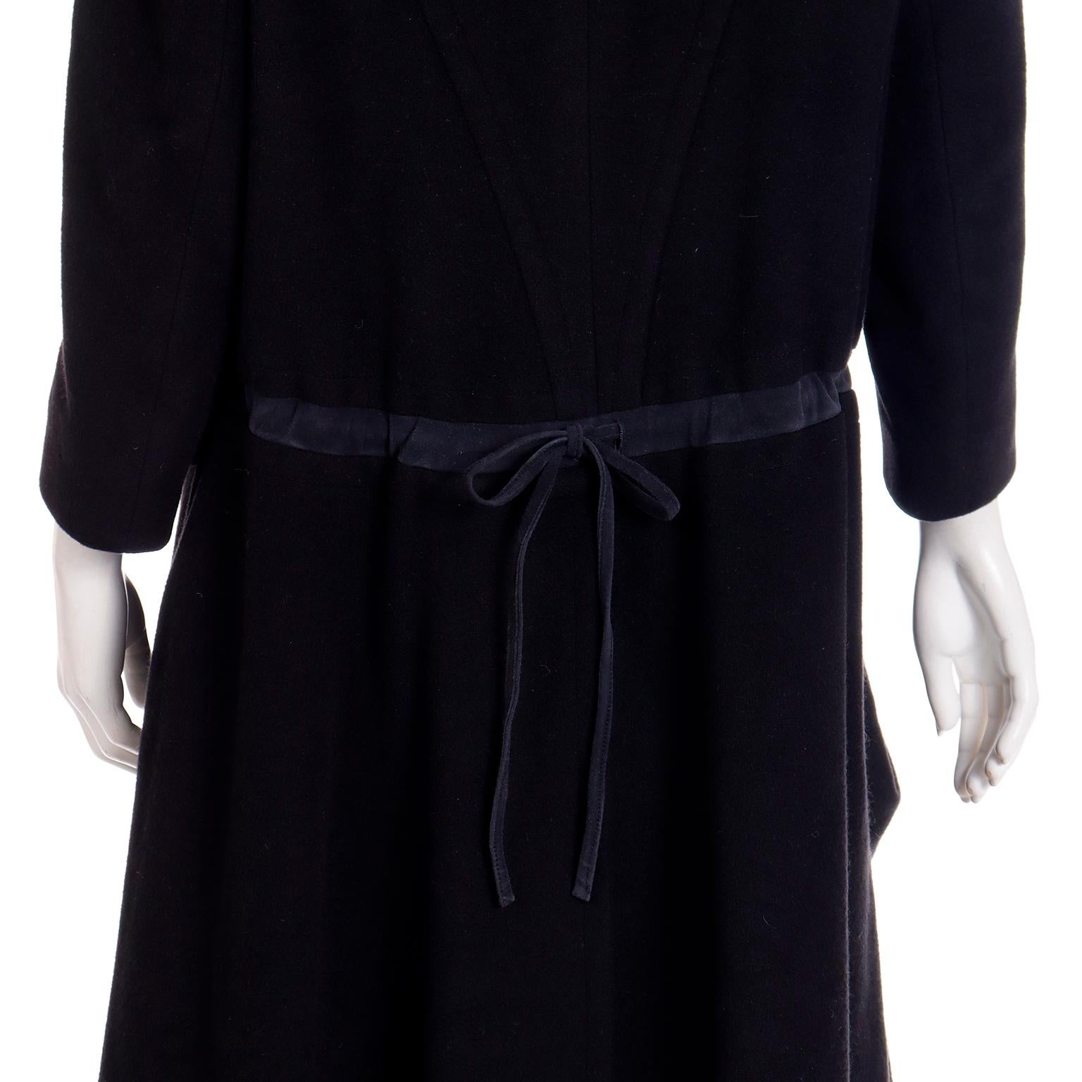 Vintage Hermes Black Cashmere Coat With Toggle Closure Hem & Drawstring Belt For Sale 5