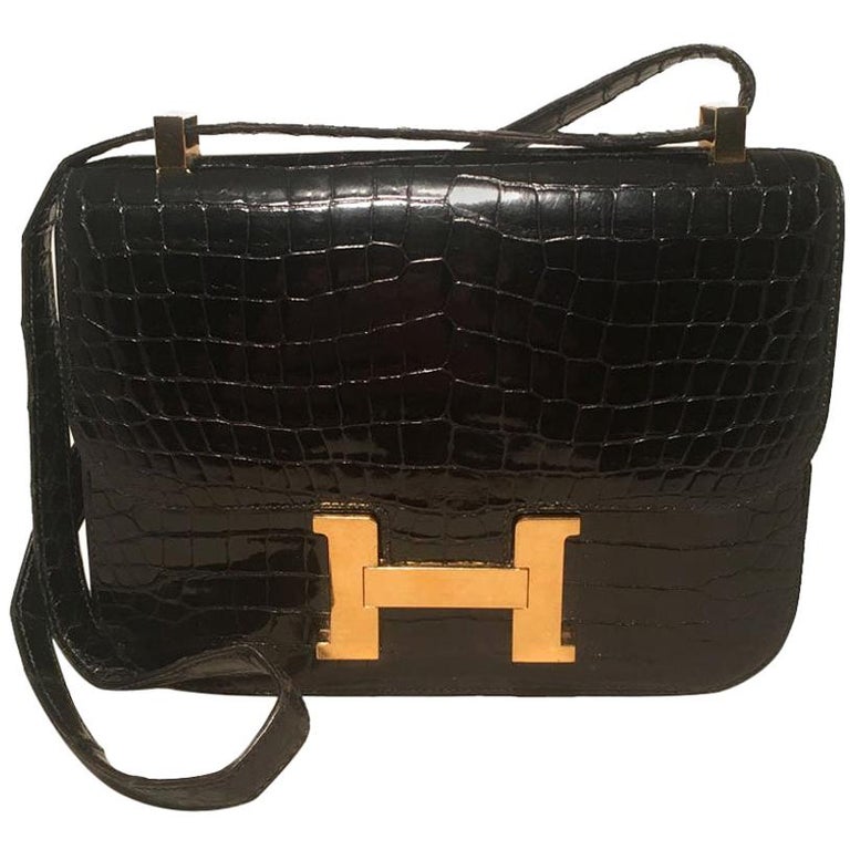 Vintage Hermes Black Crocodile Constance 23 GHW Shoulder Bag For Sale at 1stdibs