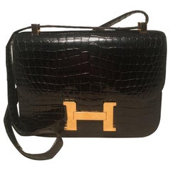 Vintage Hermes Black Crocodile Constance 23 GHW Shoulder Bag RARE