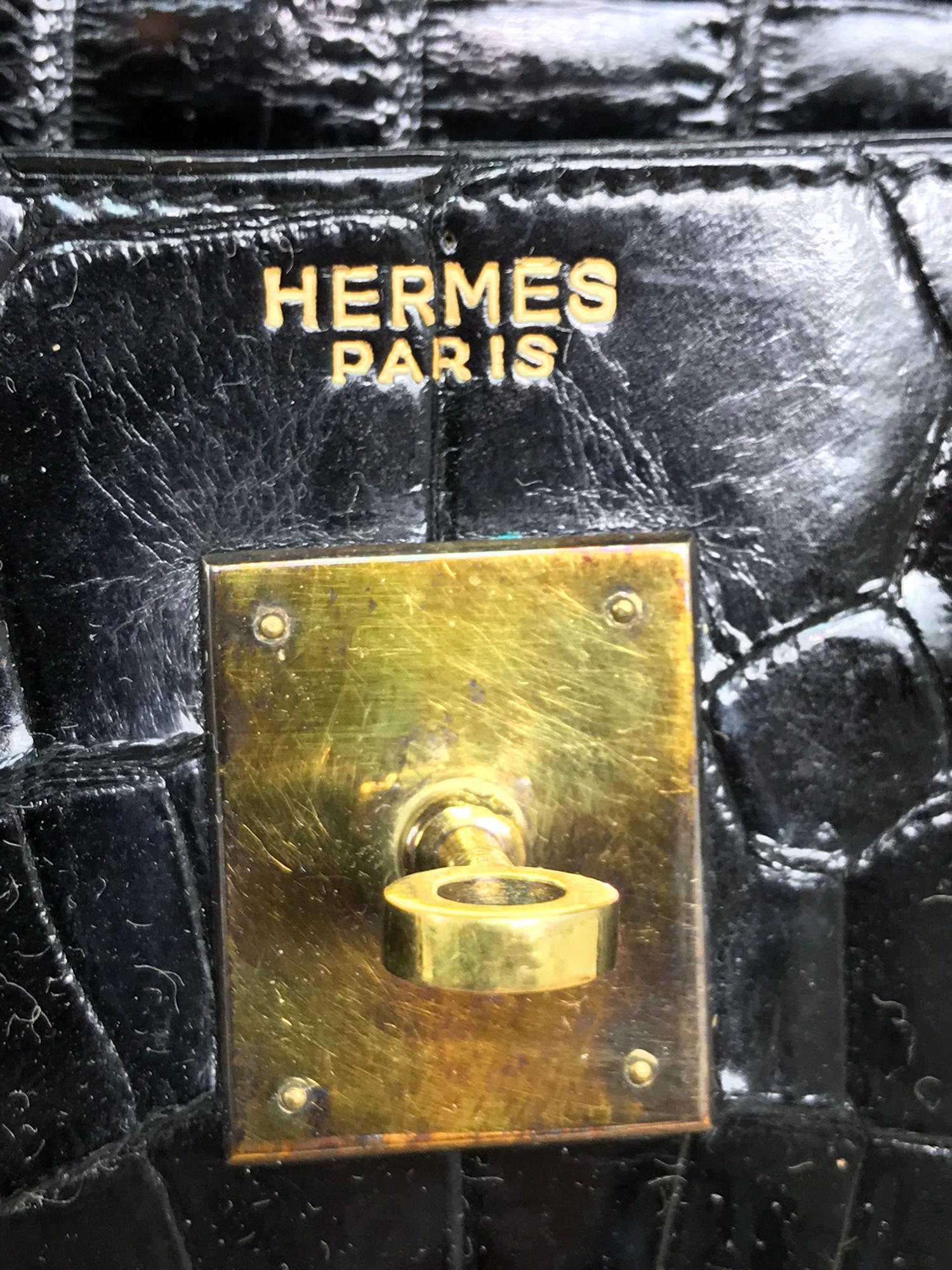 Vintage Hermes Black Crocodile Kelly Handbag mid 20th Century 10