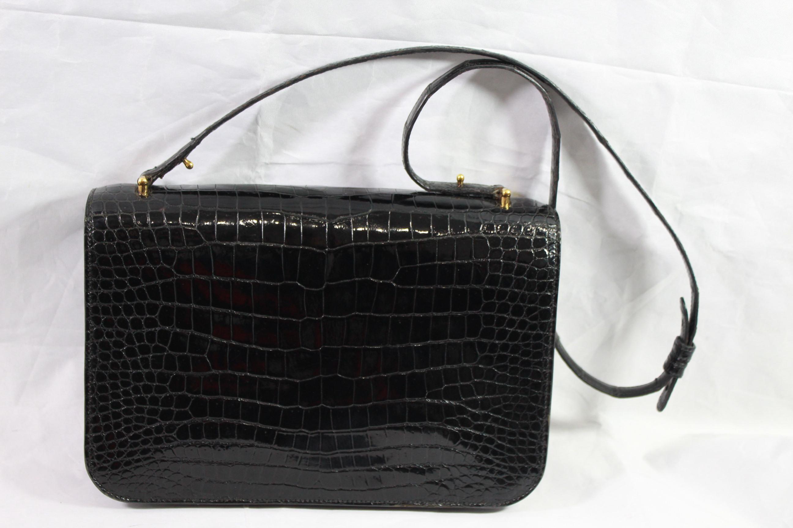 Women's  Vintage Hermes Black Porosus Shoulder Bag