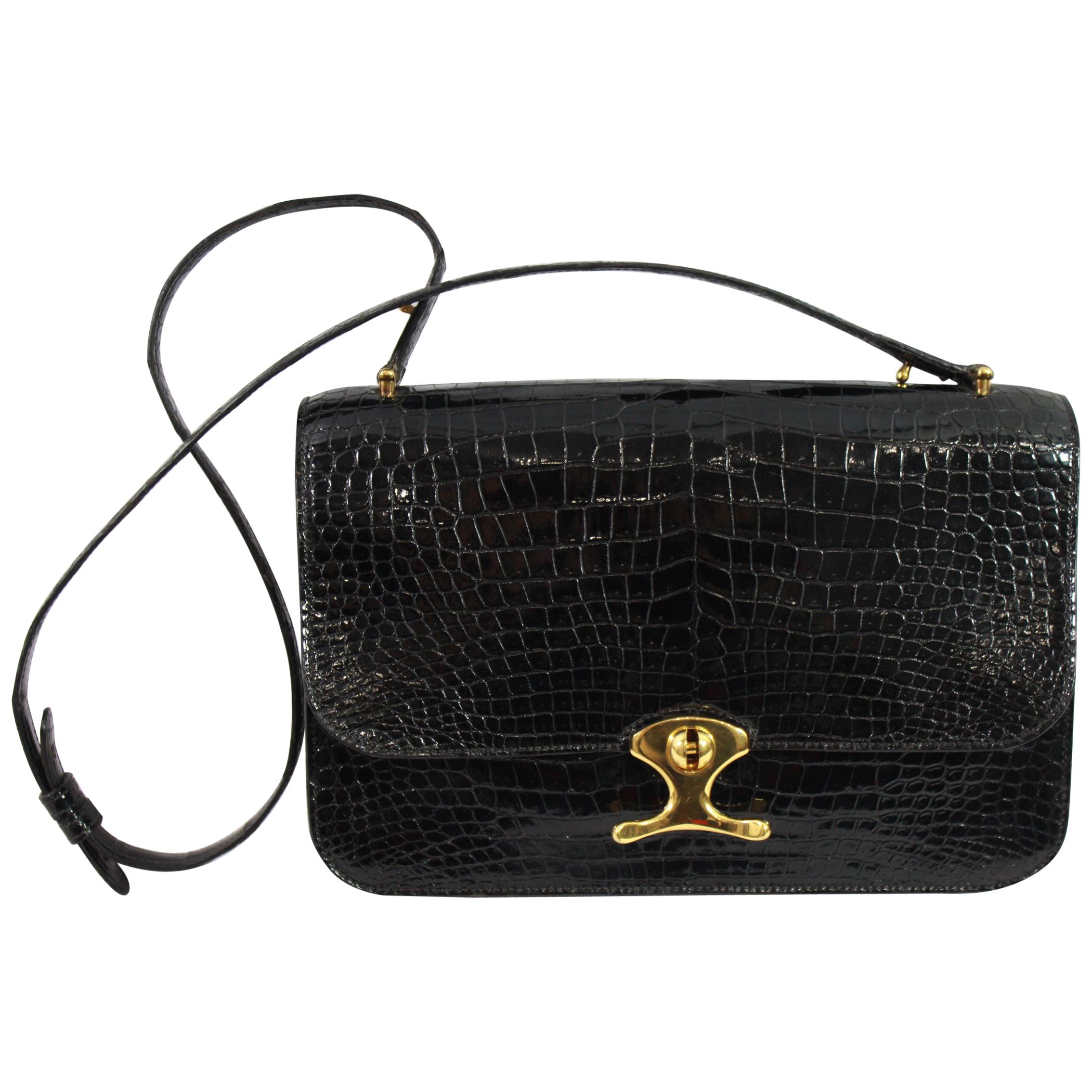  Vintage Hermes Black Porosus Shoulder Bag