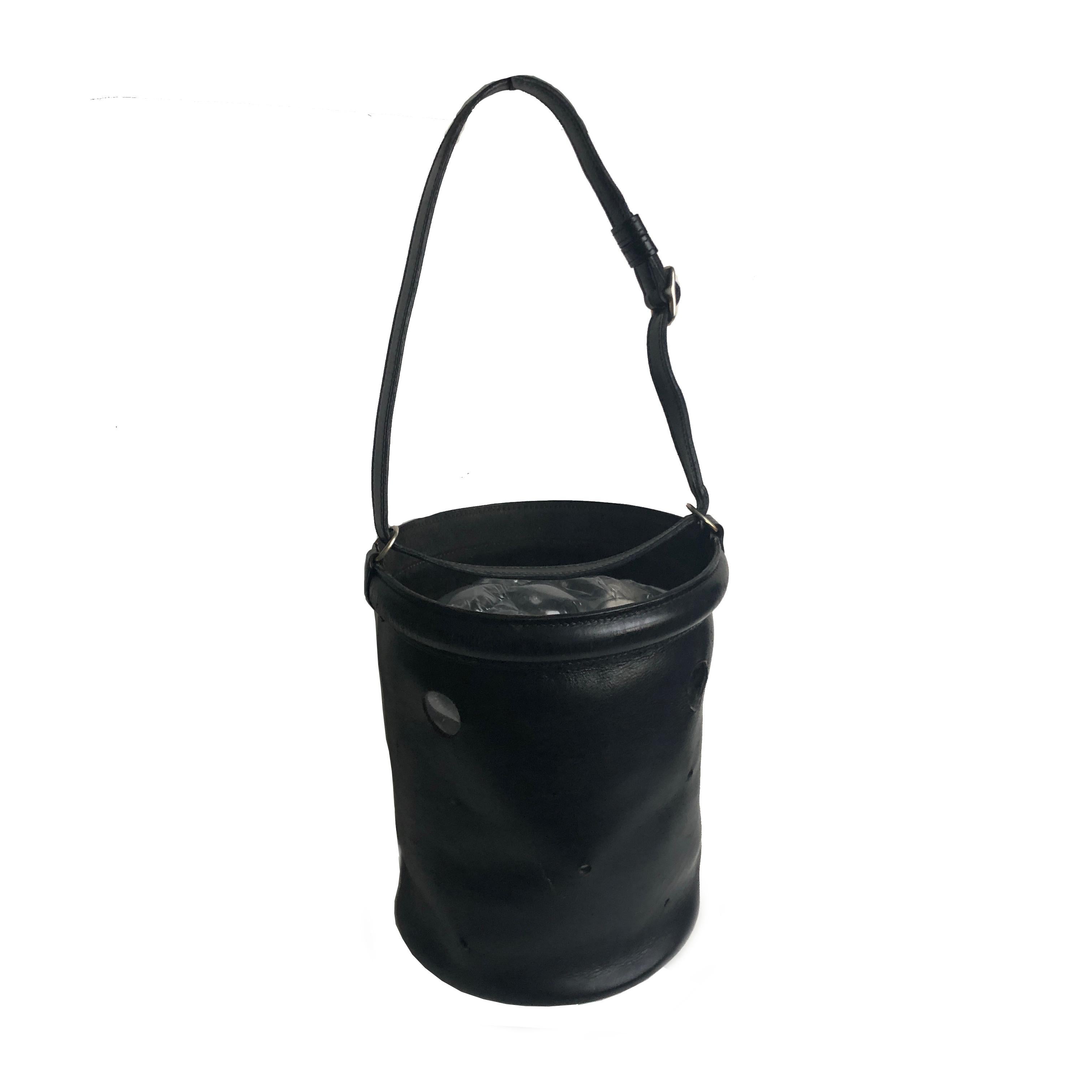 Vintage Hermes Bucket Feed Bag Seau Mangeoire PM Black Box Leather 1950s  3