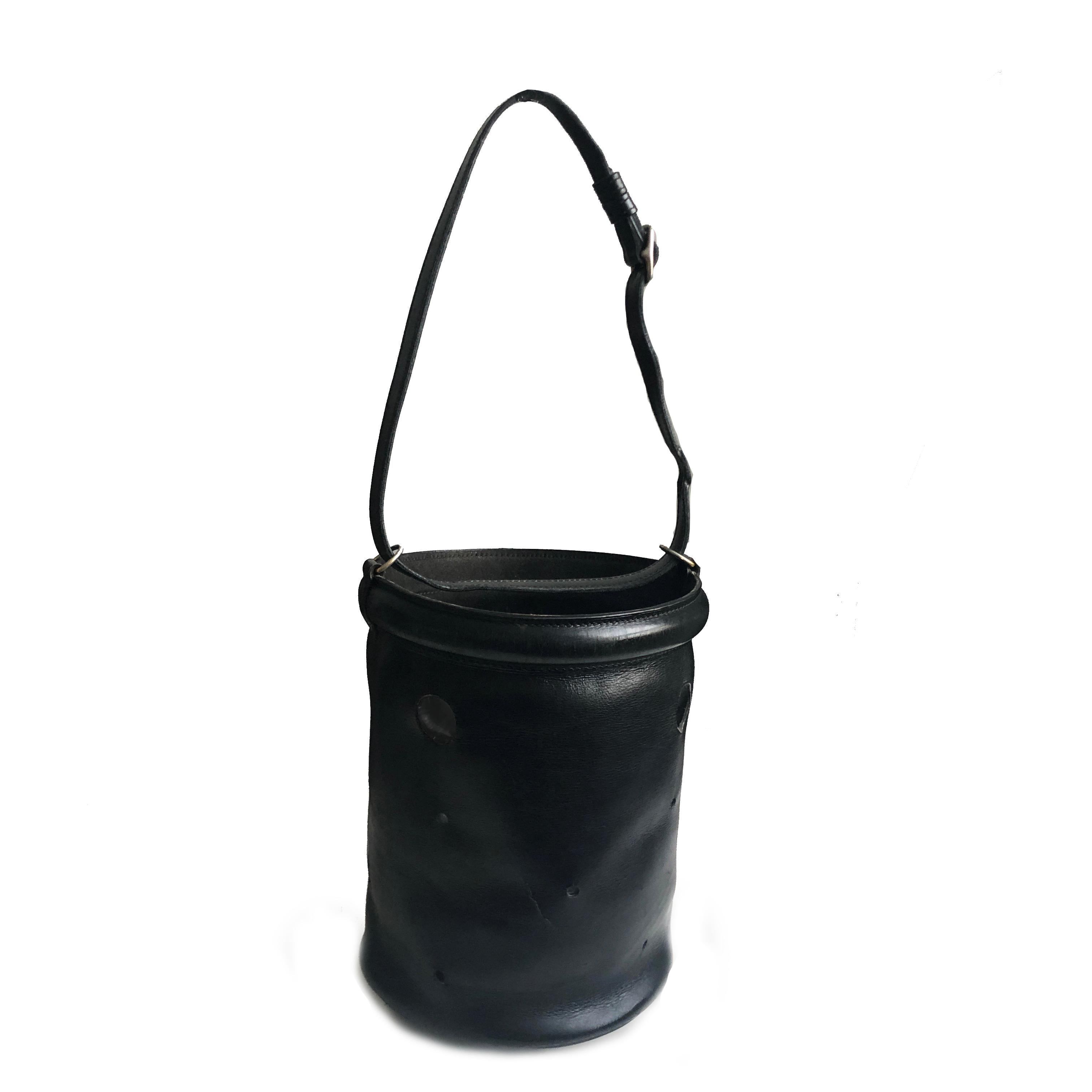 Vintage Hermes Bucket Feed Bag Seau Mangeoire PM Black Box Leather 1950s  4