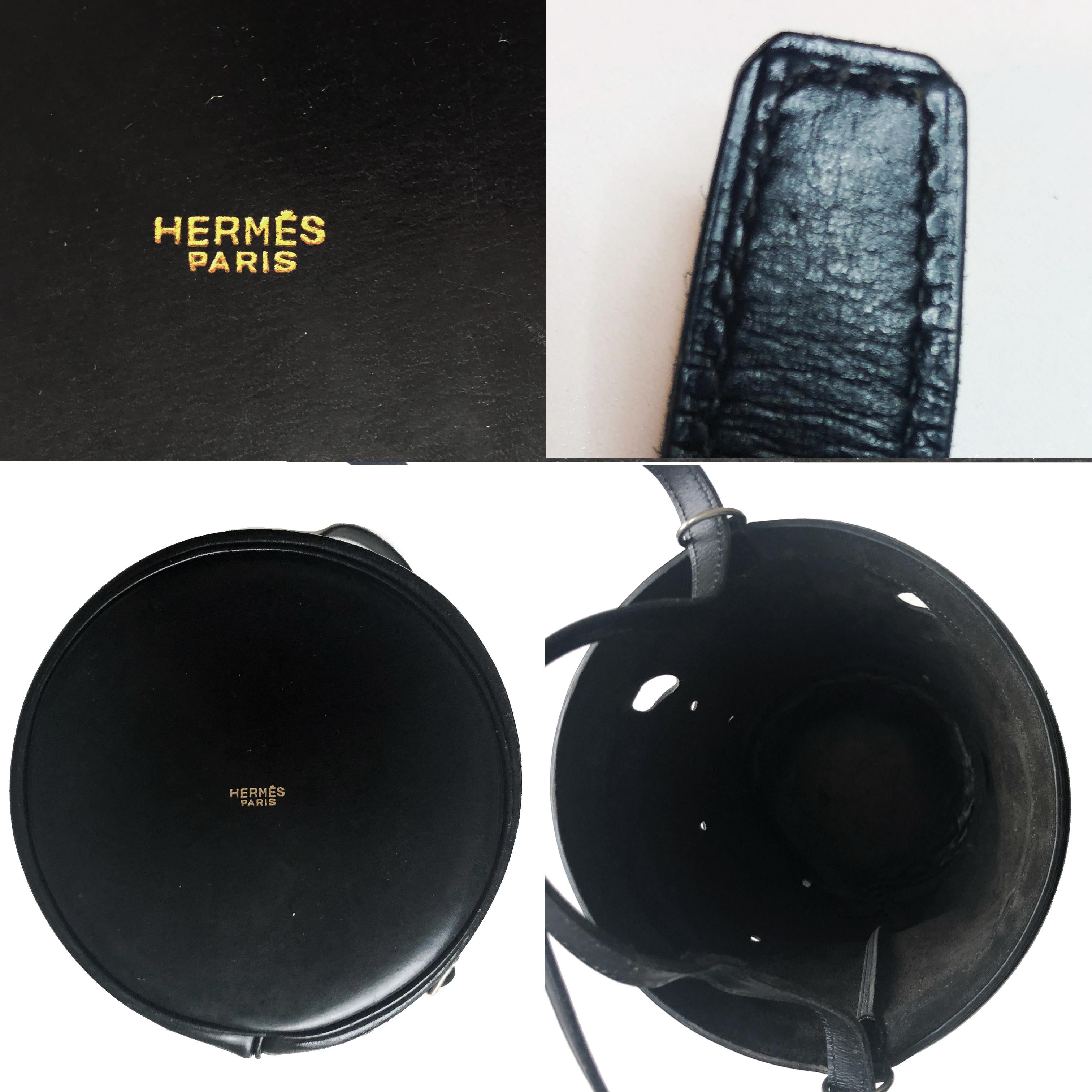 Vintage Hermes Bucket Feed Bag Seau Mangeoire PM Black Box Leather 1950s  8