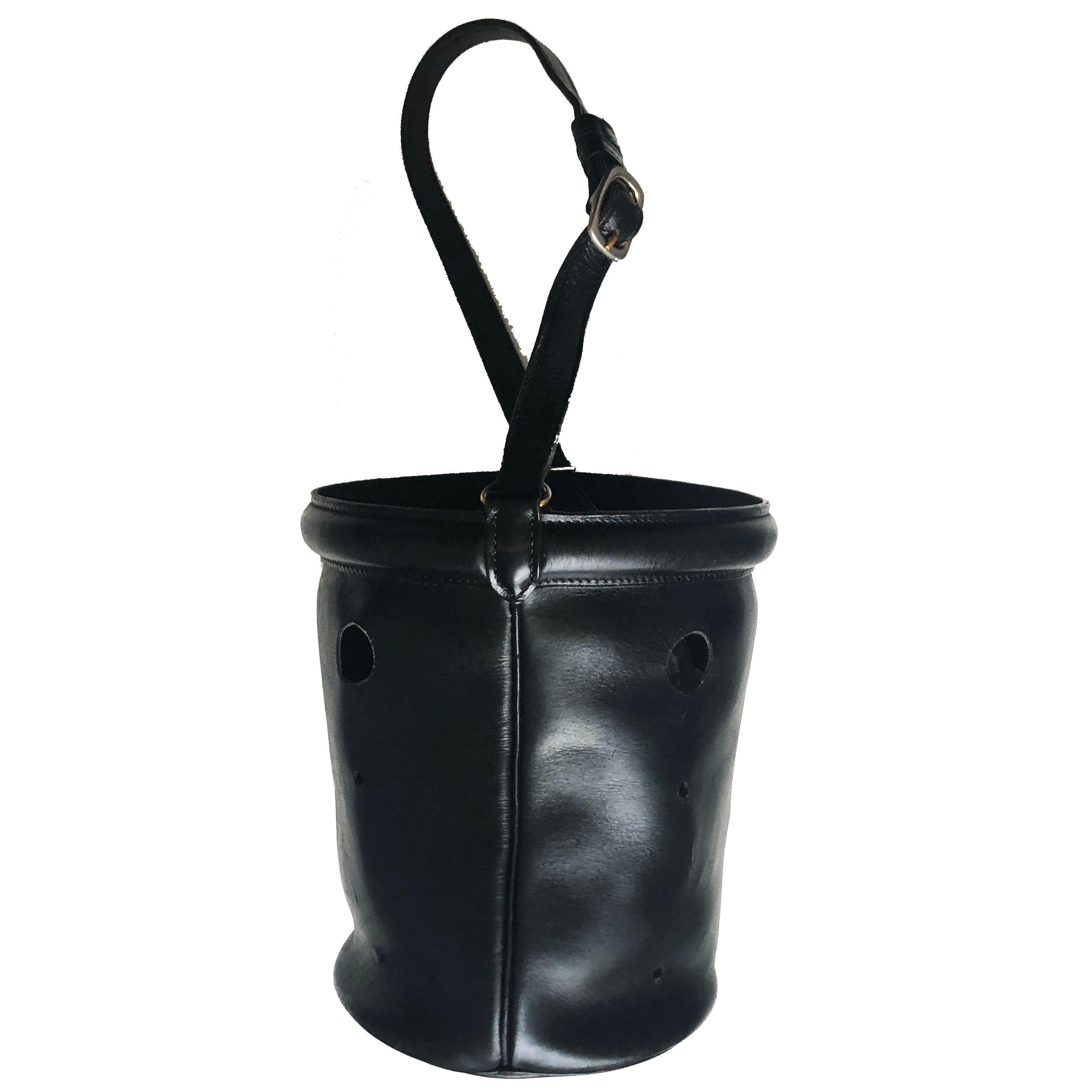 Vintage Hermes Bucket Feed Bag Seau Mangeoire PM Black Box Leather 1950s  In Fair Condition In Port Saint Lucie, FL