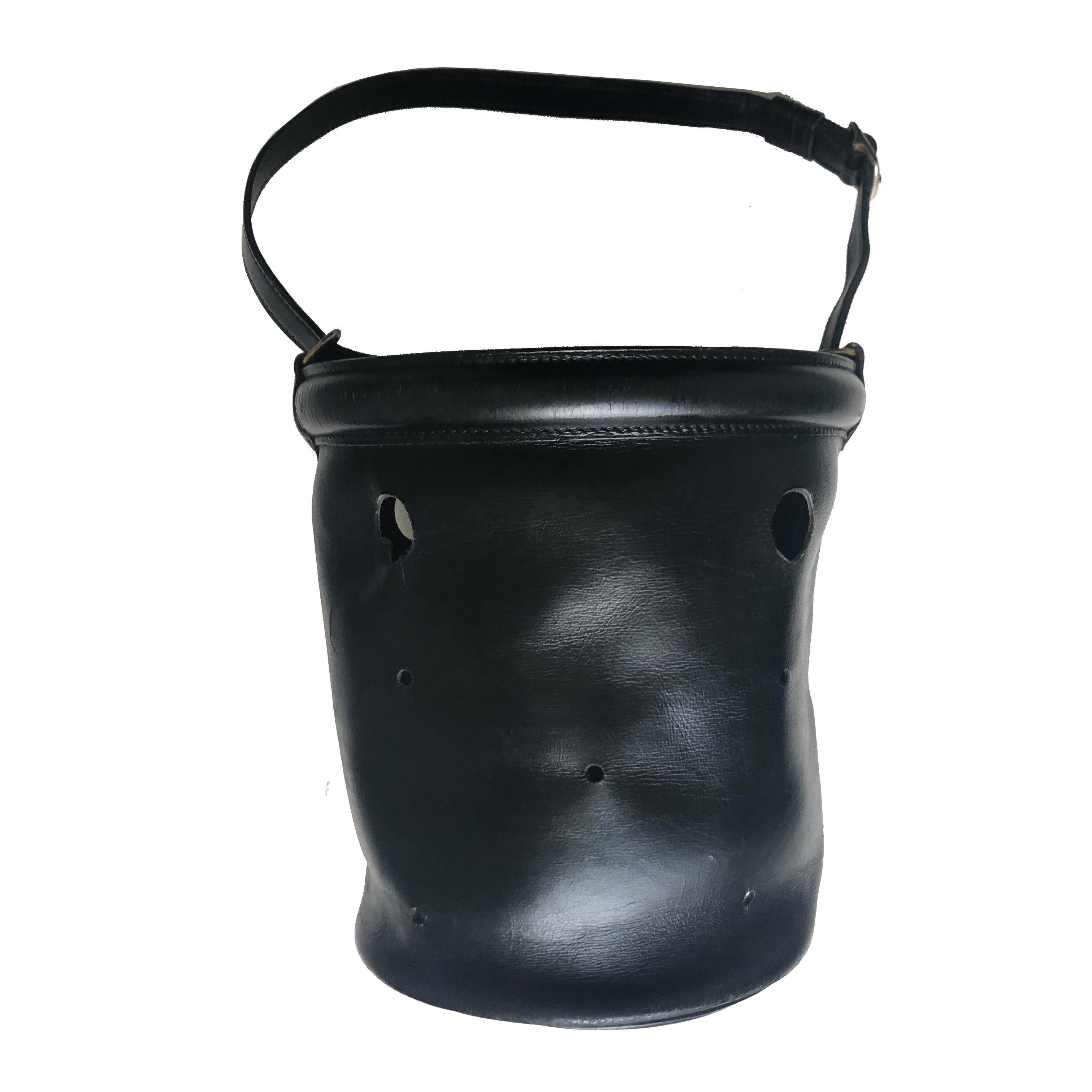 Women's or Men's Vintage Hermes Bucket Feed Bag Seau Mangeoire PM Black Box Leather 1950s 