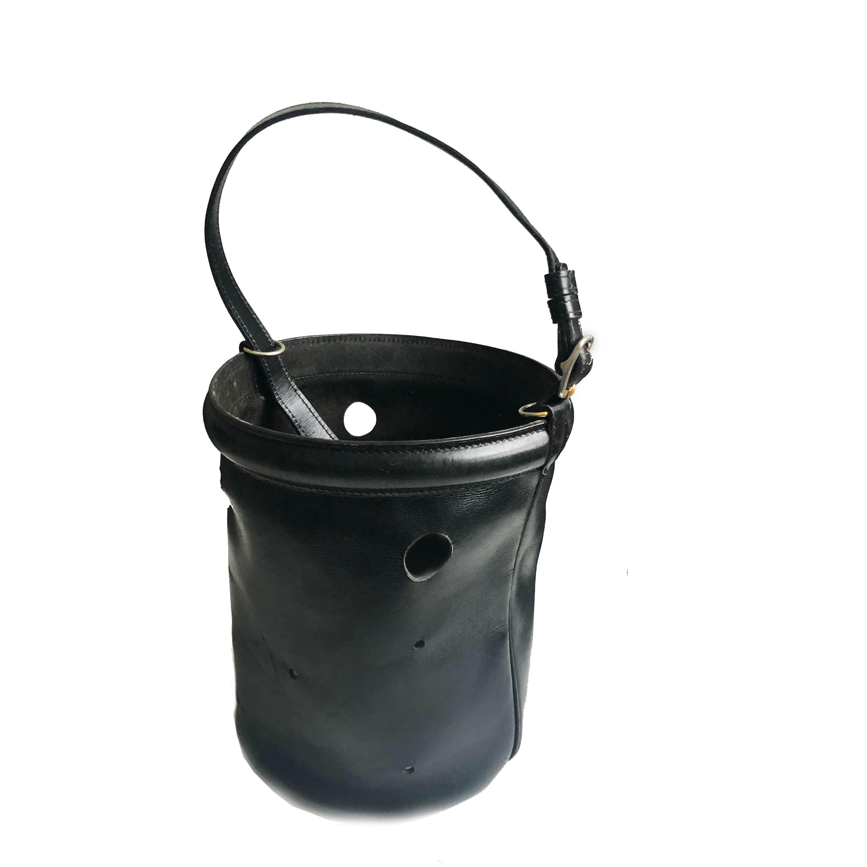 Vintage Hermes Bucket Feed Bag Seau Mangeoire PM Black Box Leather 1950s 1