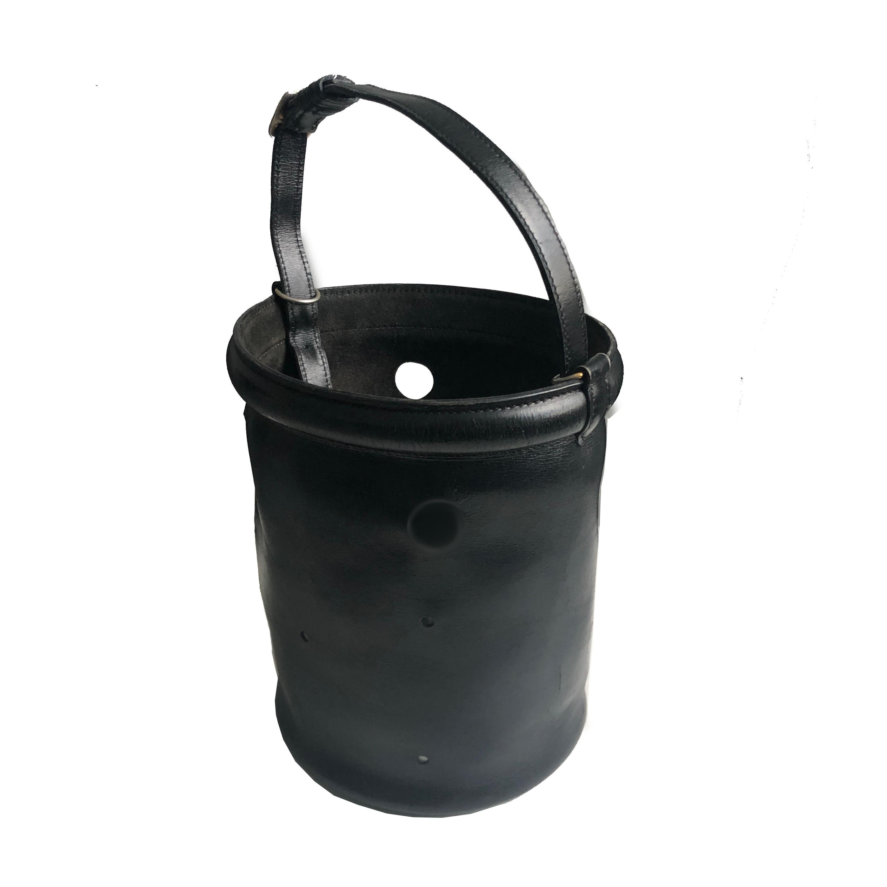 Vintage Hermes Bucket Feed Bag Seau Mangeoire PM Black Box Leather 1950s  2