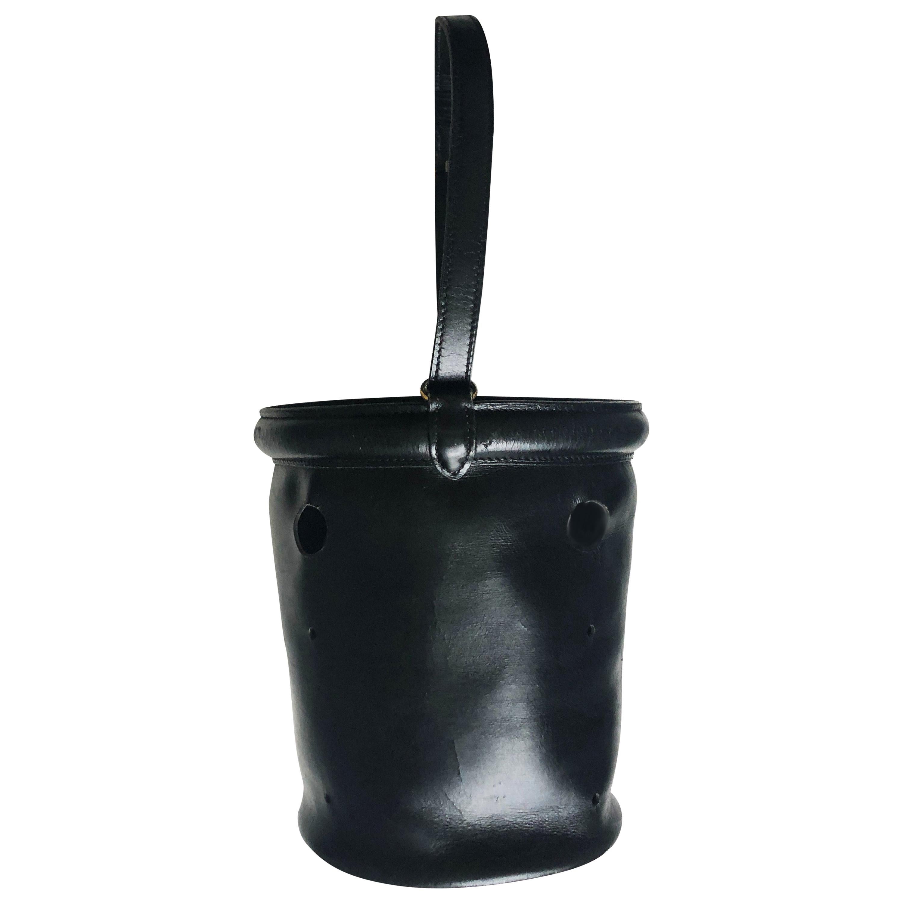 Vintage Hermes Bucket Feed Bag Seau Mangeoire PM Black Box Leather 1950s 