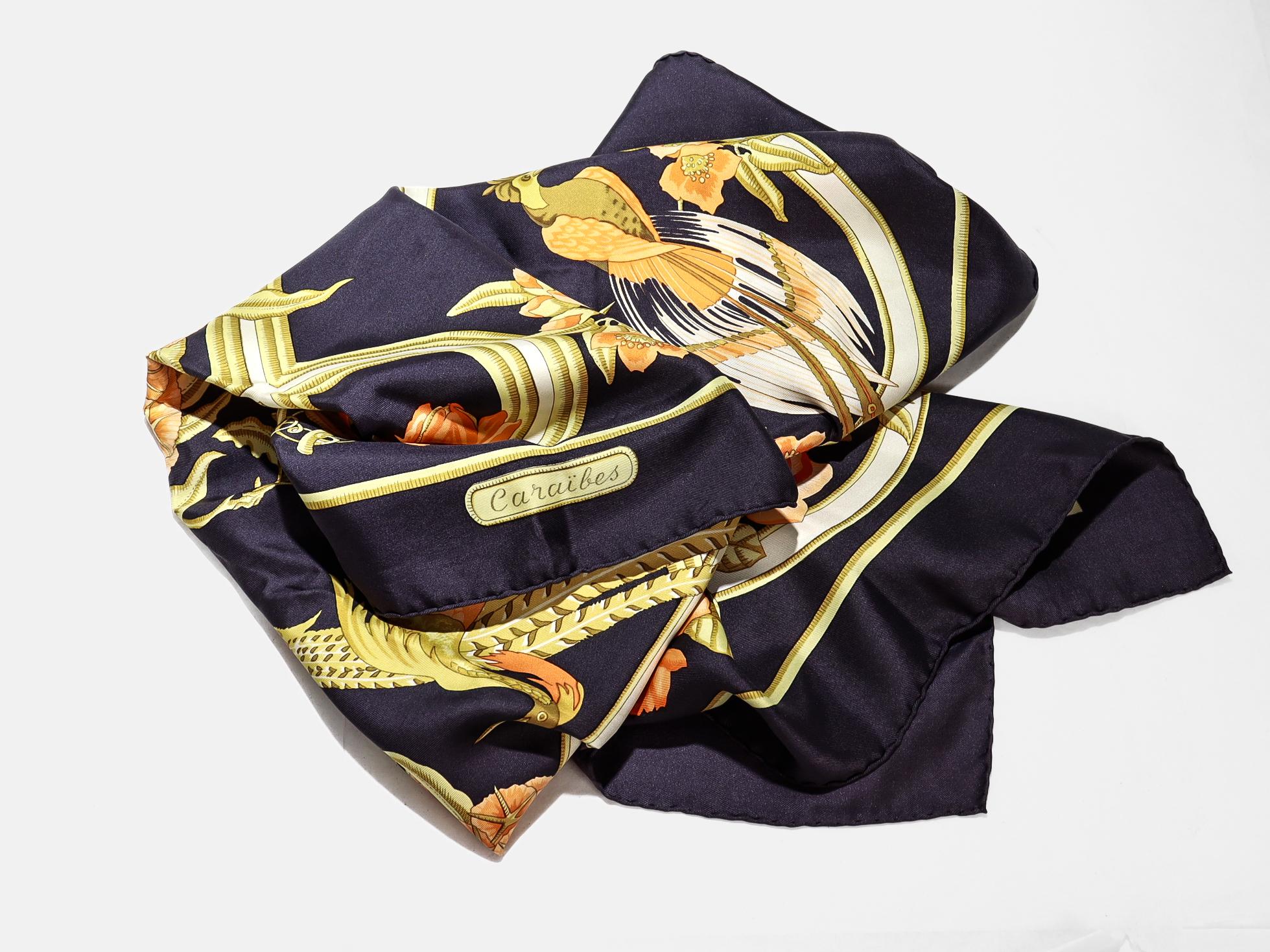Modern Vintage Hermès 'Caraibes' Silk Scarf For Sale