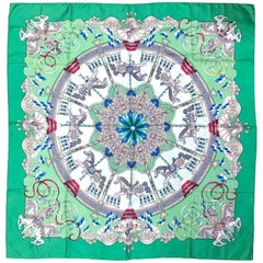 Vintage HERMES Carre silk scarf with horse, Carousel print in green. Luna Park.