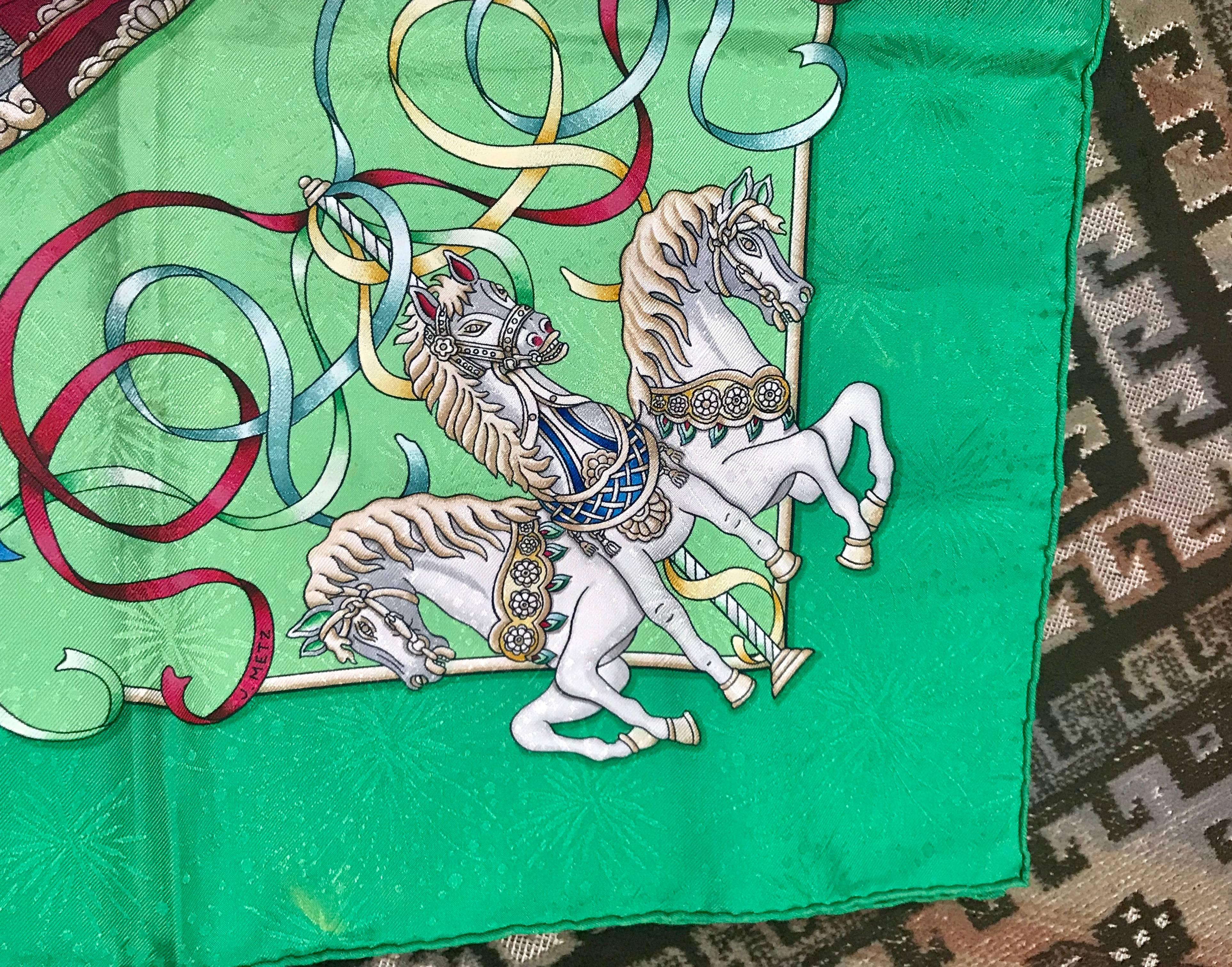 Vintage HERMES Carre silk scarf with horse, Carousel print in green. Luna Park. For Sale 2