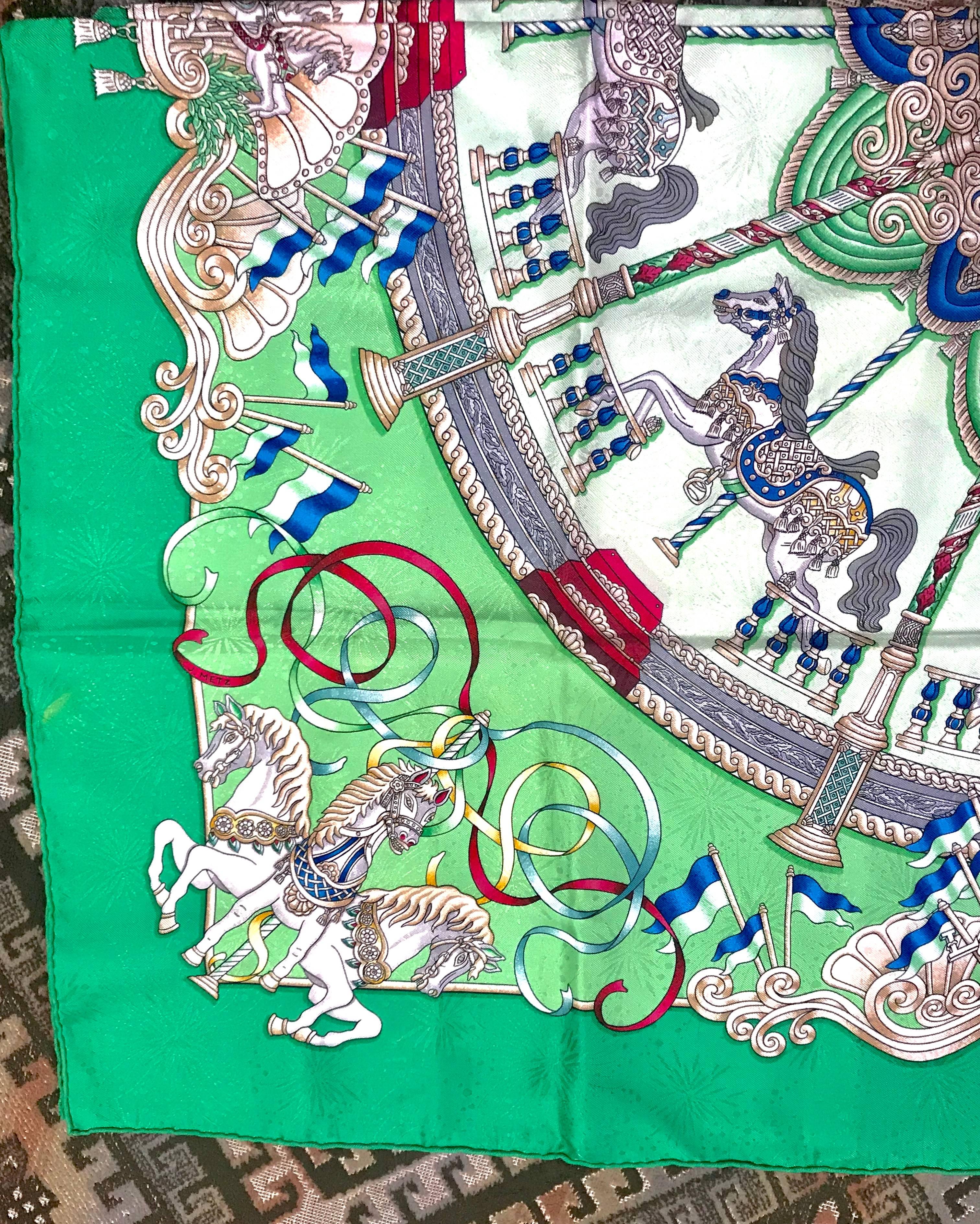Vintage HERMES Carre silk scarf with horse, Carousel print in green. Luna Park. For Sale 3