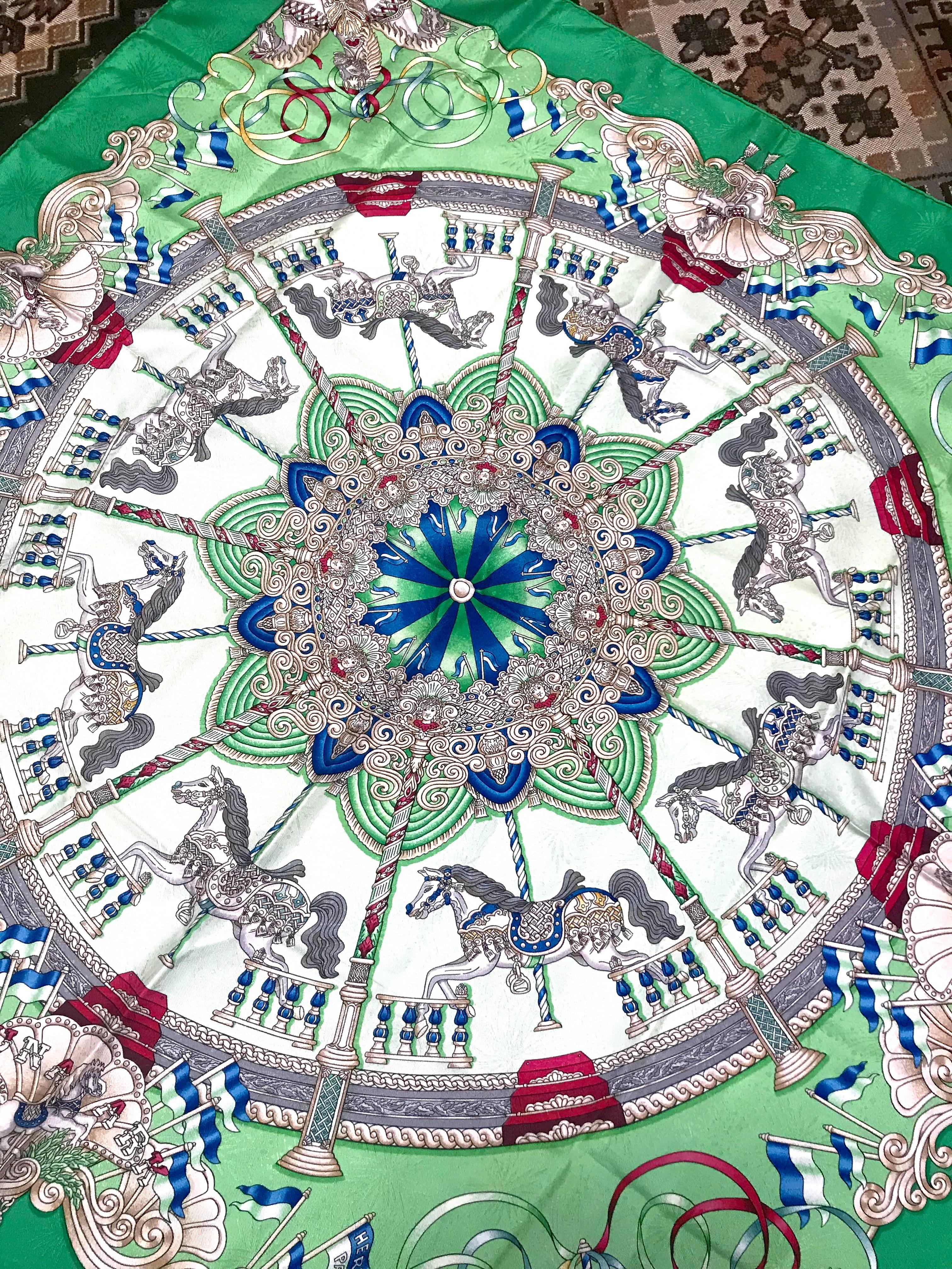 Vintage HERMES Carre silk scarf with horse, Carousel print in green. Luna Park. For Sale 6