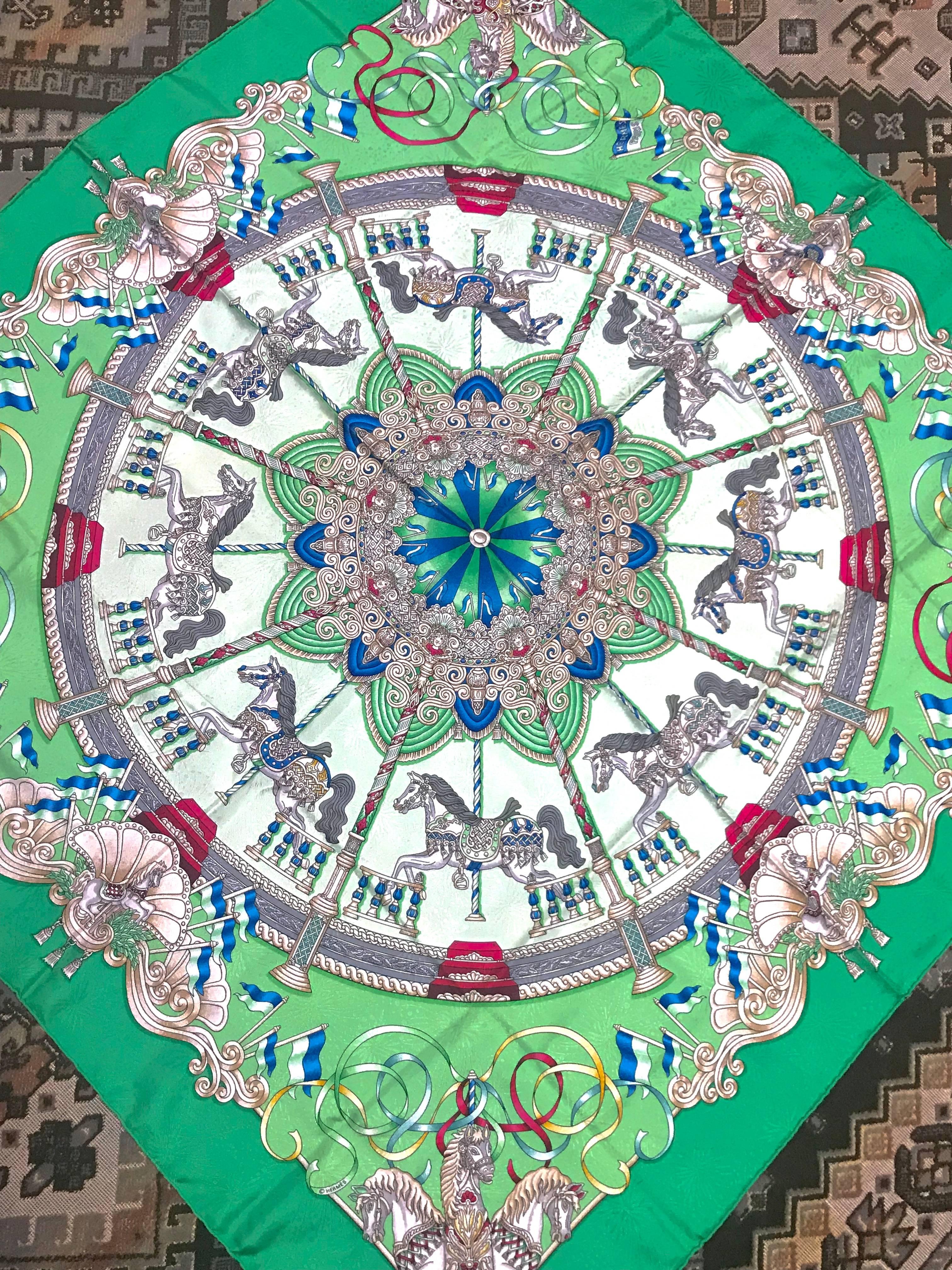 1990s. Vintage HERMES Carre large silk scarf with horse, Carousel print in green, blue, wine, multicolor. Classic foulard. LUNA PARK.

This is a 100% twill, large size silk Carre scarf, 