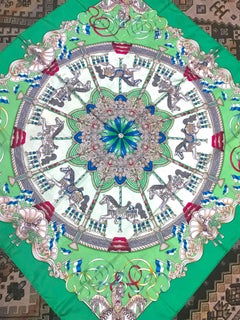 Vintage HERMES Carre silk scarf with horse, Carousel print in green. Luna Park.