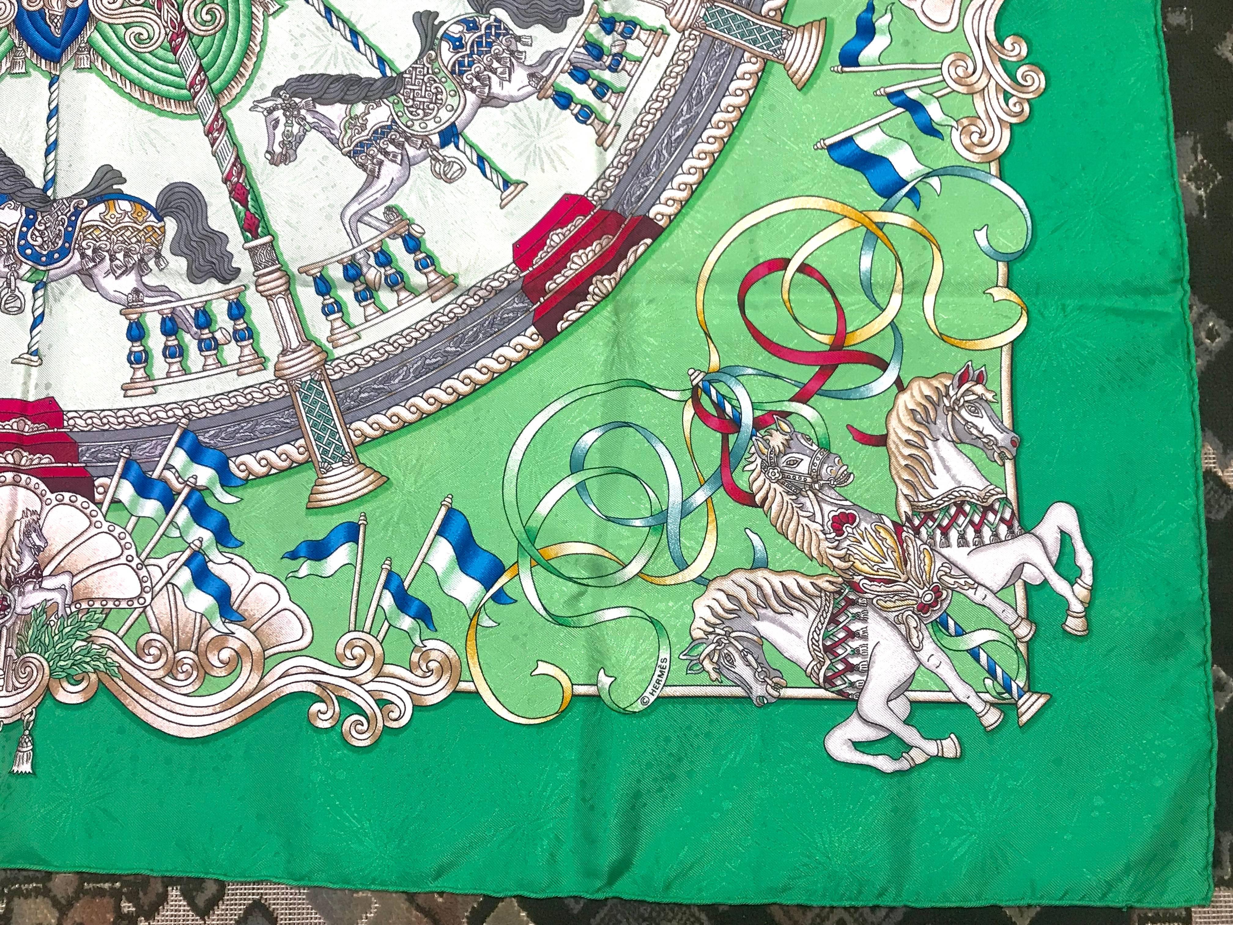 Gray Vintage HERMES Carre silk scarf with horse, Carousel print in green. Luna Park. For Sale