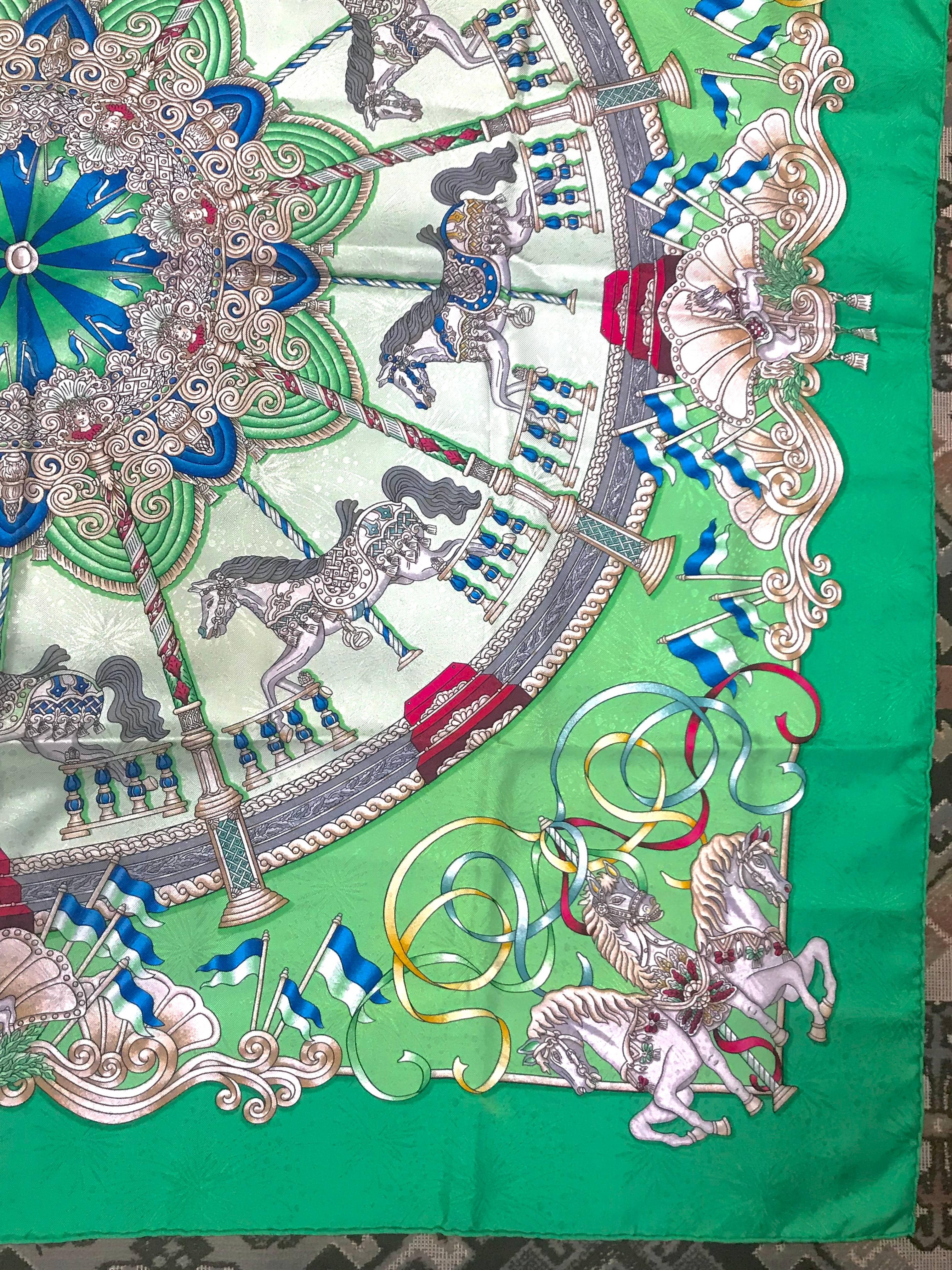 Vintage HERMES Carre silk scarf with horse, Carousel print in green. Luna Park. In Good Condition For Sale In Kashiwa, Chiba