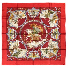 Vintage Hermes Cavaliers Des Nuages Silk Scarf In Red