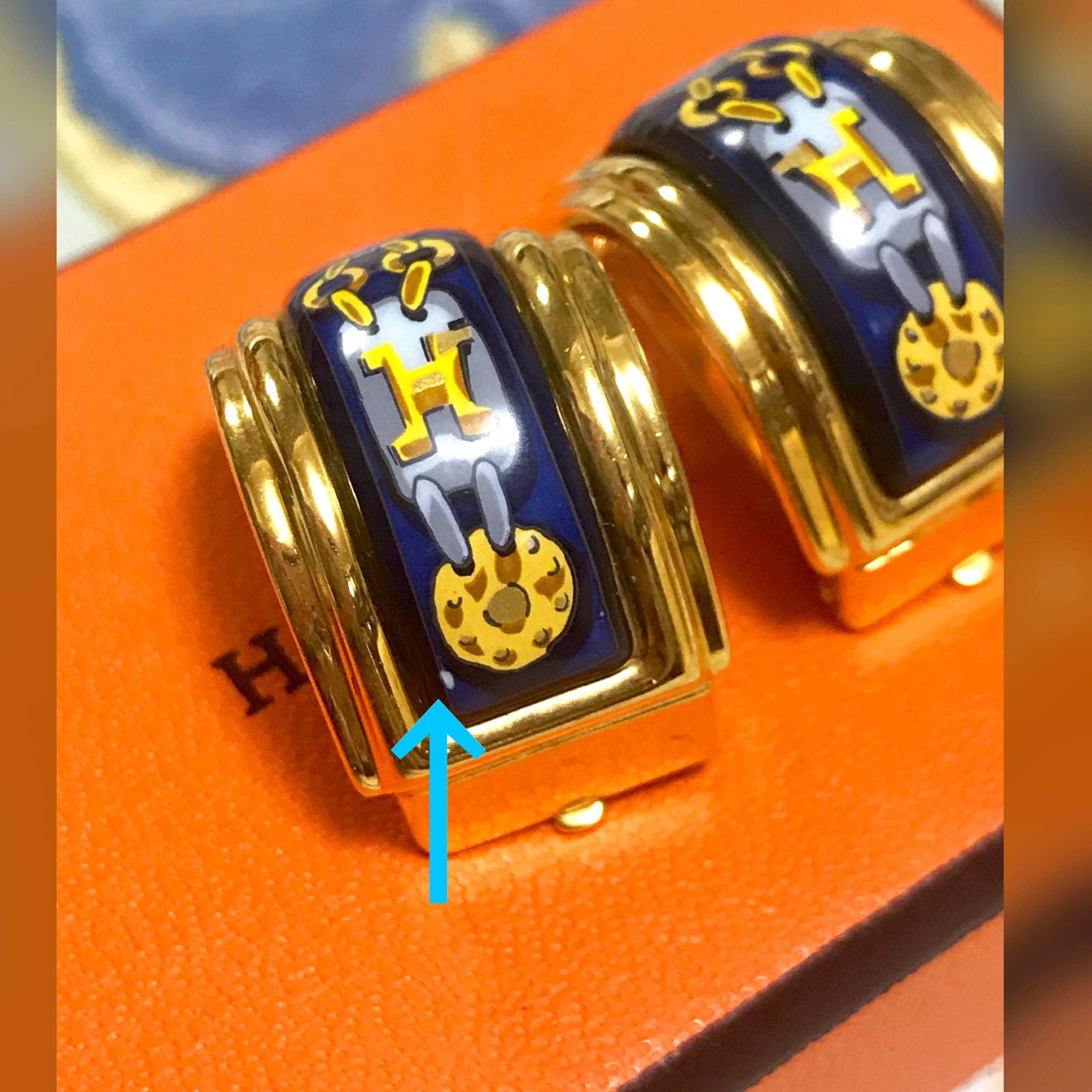 Women's Hermes Vintage blue and yellow cloisonne and gold earrings with H logo, 1990s For Sale