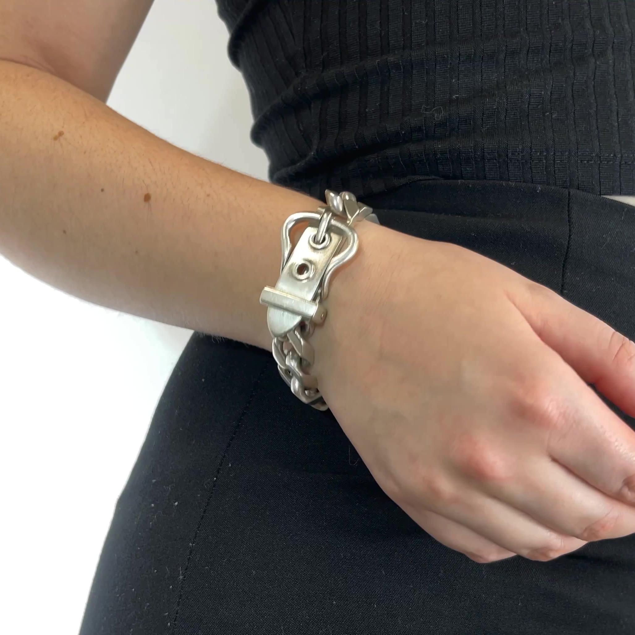 One Vintage Hermes Cuban Link Chain Belt Bracelet. Crafted in sterling silver with purity mark, signed Hermes. Circa 2000s. Original receipt included. The bracelet measures 9 inches in total length and best fits a wrist that is 7-8 inches. 

About
