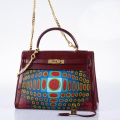 Vintage Hermès Custom Painted ‘Cyber Croc’ Kelly 32 Rouge H Box w Gold Hardware
