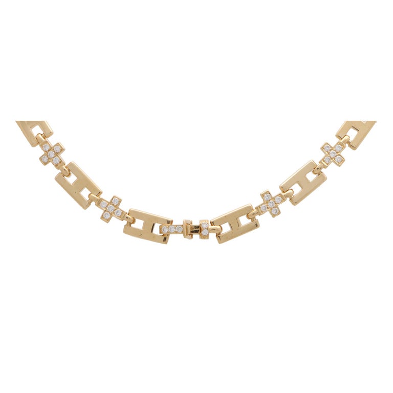 Women's or Men's Vintage Hermès Diamond Chain Link Necklace Set in 18k Yellow Gold For Sale