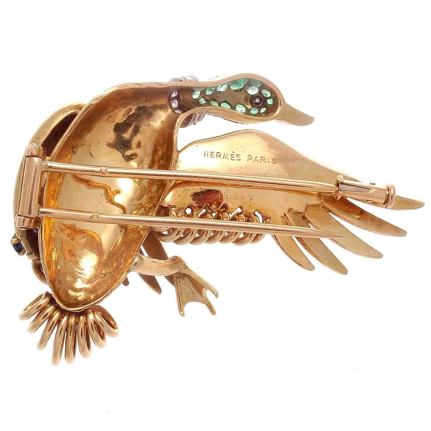 Established in 1837 the French fashion luxury goods manufacturer is known for its attention to detail.  Their style and expertise is appreciated the world over. The brooch is a perfect example of the Hermes look. Featuring a whimsical gliding goose