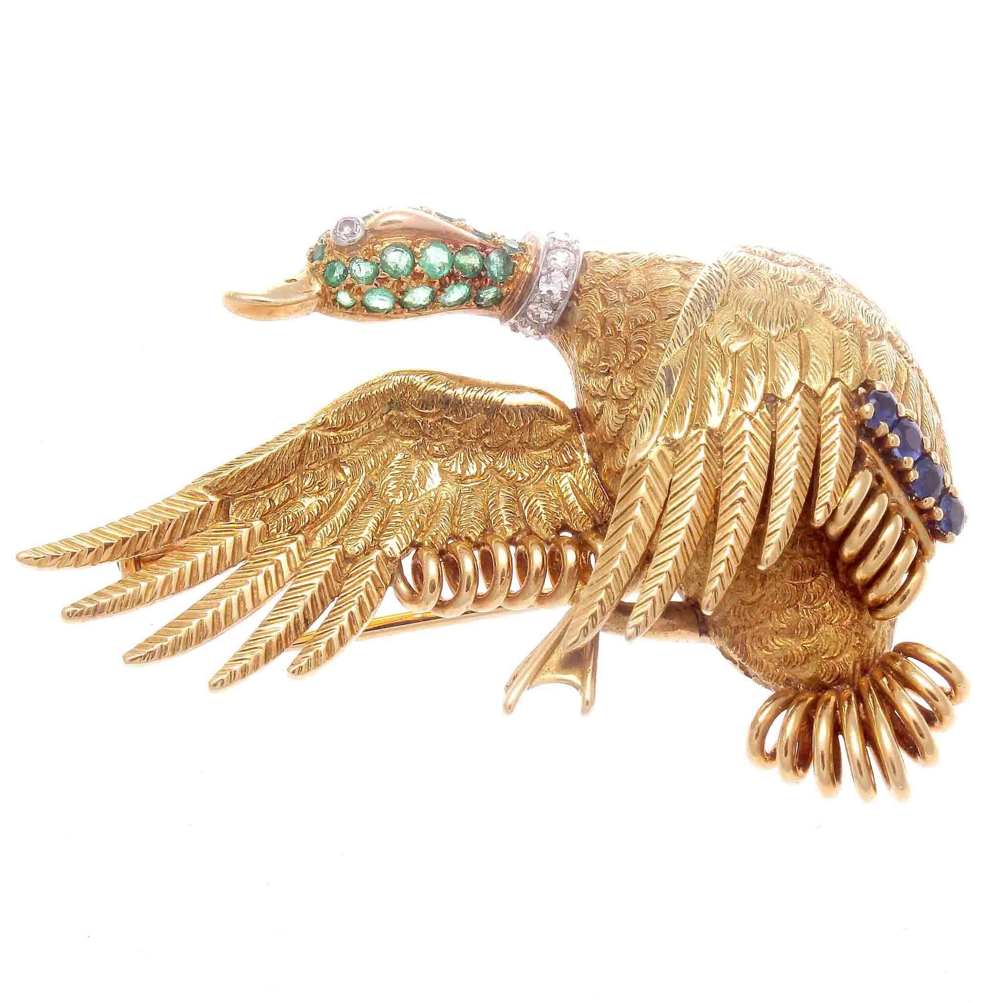 Vintage Hermes Diamond Sapphire Emerald Gliding Goose Gold Brooch