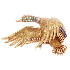 Vintage Hermes Diamond Sapphire Emerald Gliding Goose Gold Brooch