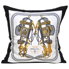 Vintage Hermes Equestrian Silk Scarf and Irish Linen Cushion Pillow Black