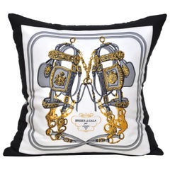 Retro Hermes Equestrian Silk Scarf and Irish Linen Cushion Pillow Black