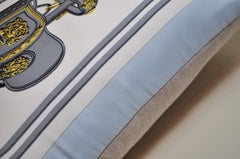 French Vintage Hermes Silk Scarf and Irish Linen Cushion Pillow Blue Gold