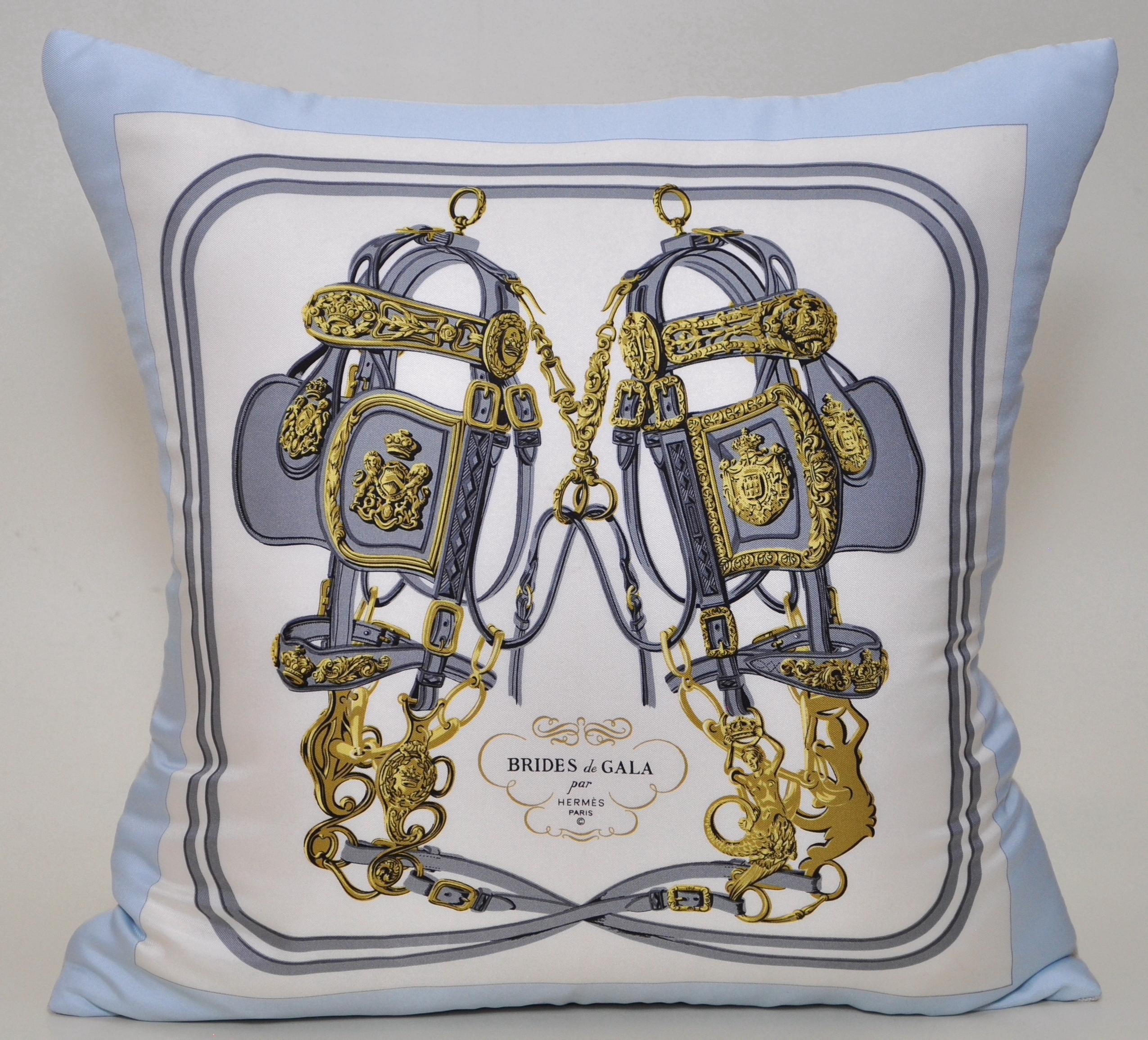Hand-Crafted Vintage Hermes French Silk Scarf and Irish Linen Cushion Pillow Blue Gold