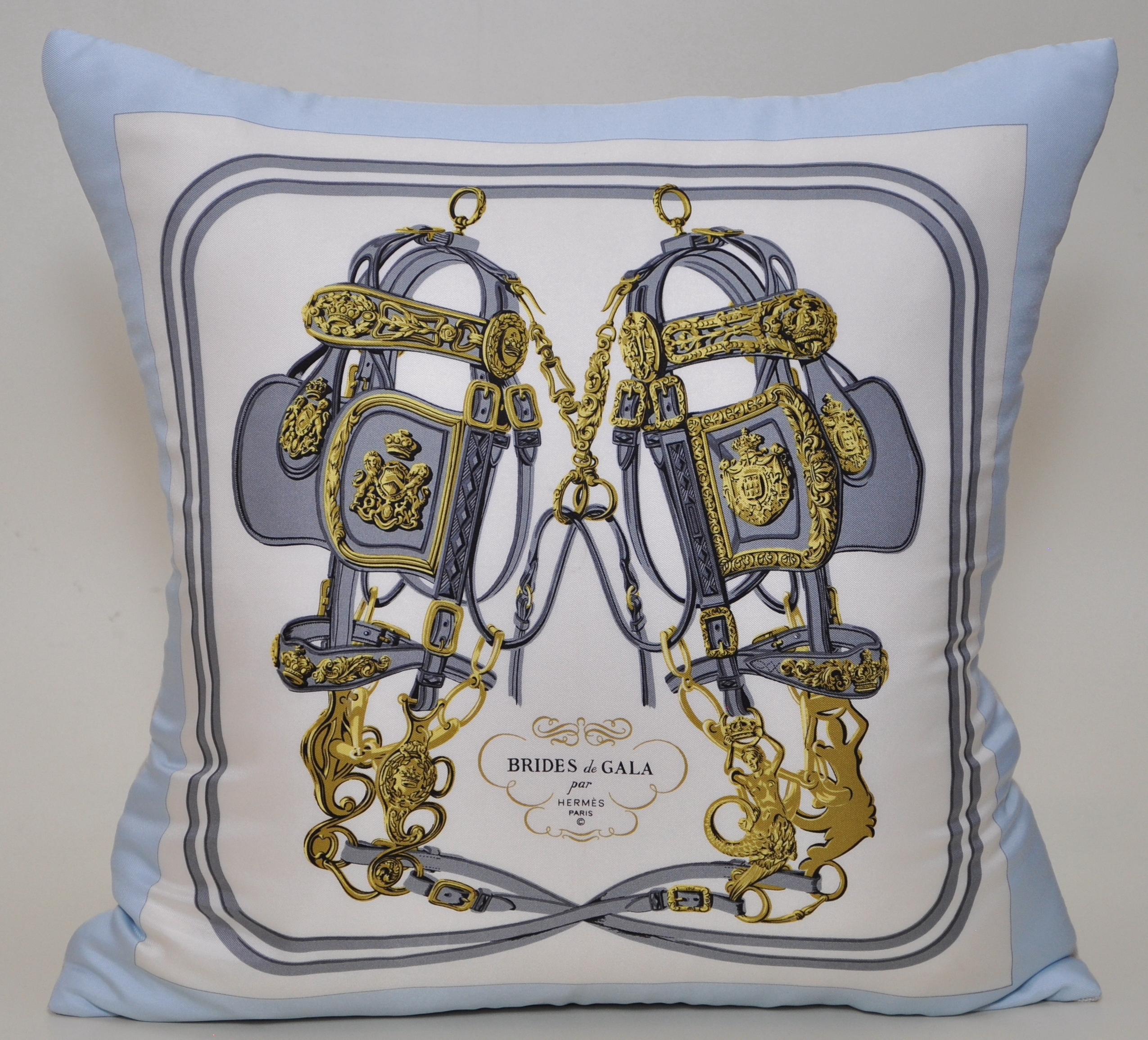 Baroque French Vintage Hermes Silk Scarf and Irish Linen Cushion Pillow Blue Gold