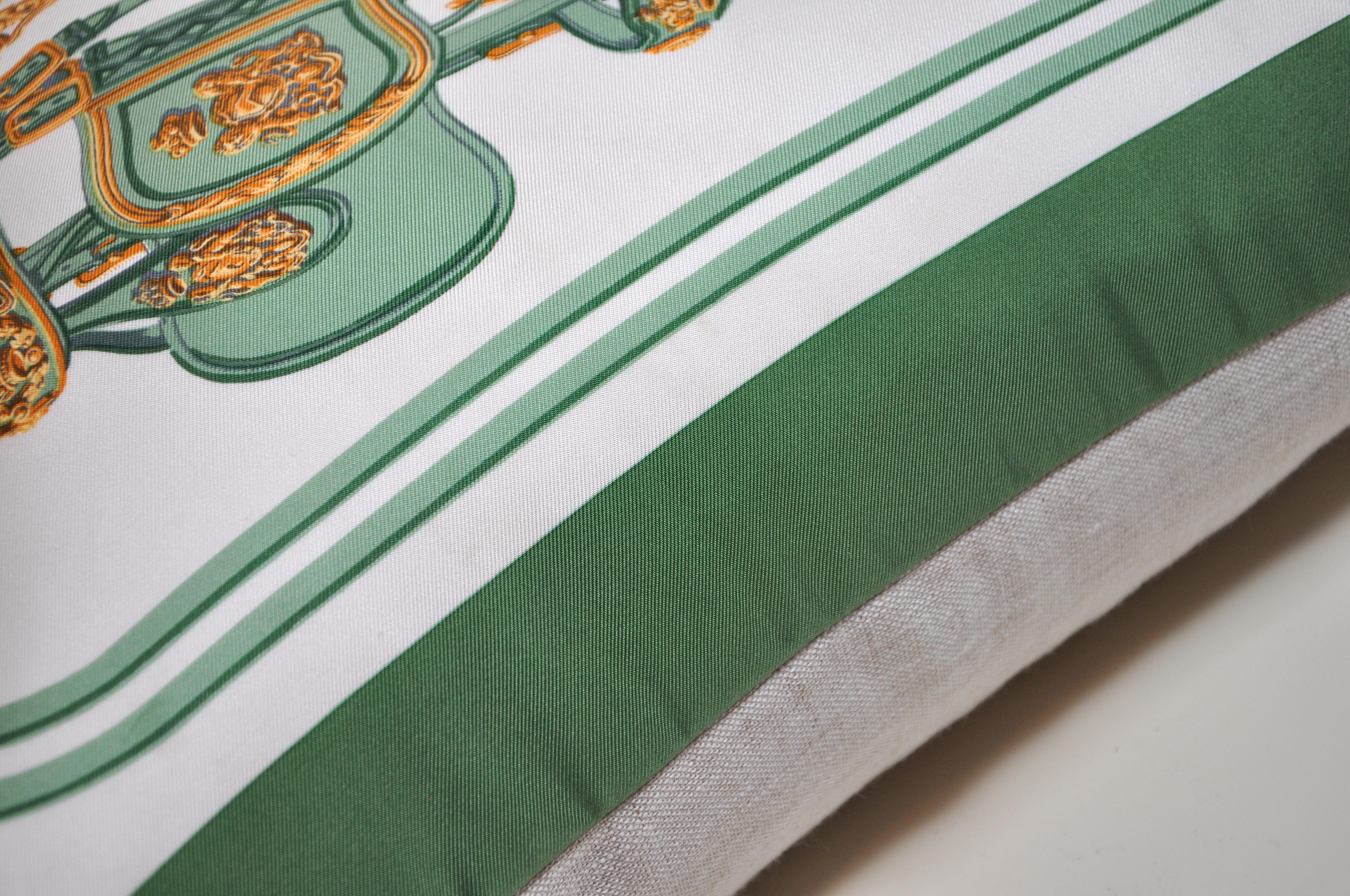 (We also have this available in different colours)

Vintage Hermes Equestrian silk scarf and Irish linen cushion pillow blue gold.

The ‘crème de la crème’ of scarves, this beauty is a one-of-a-kind luxury cushion (pillow) created from an
