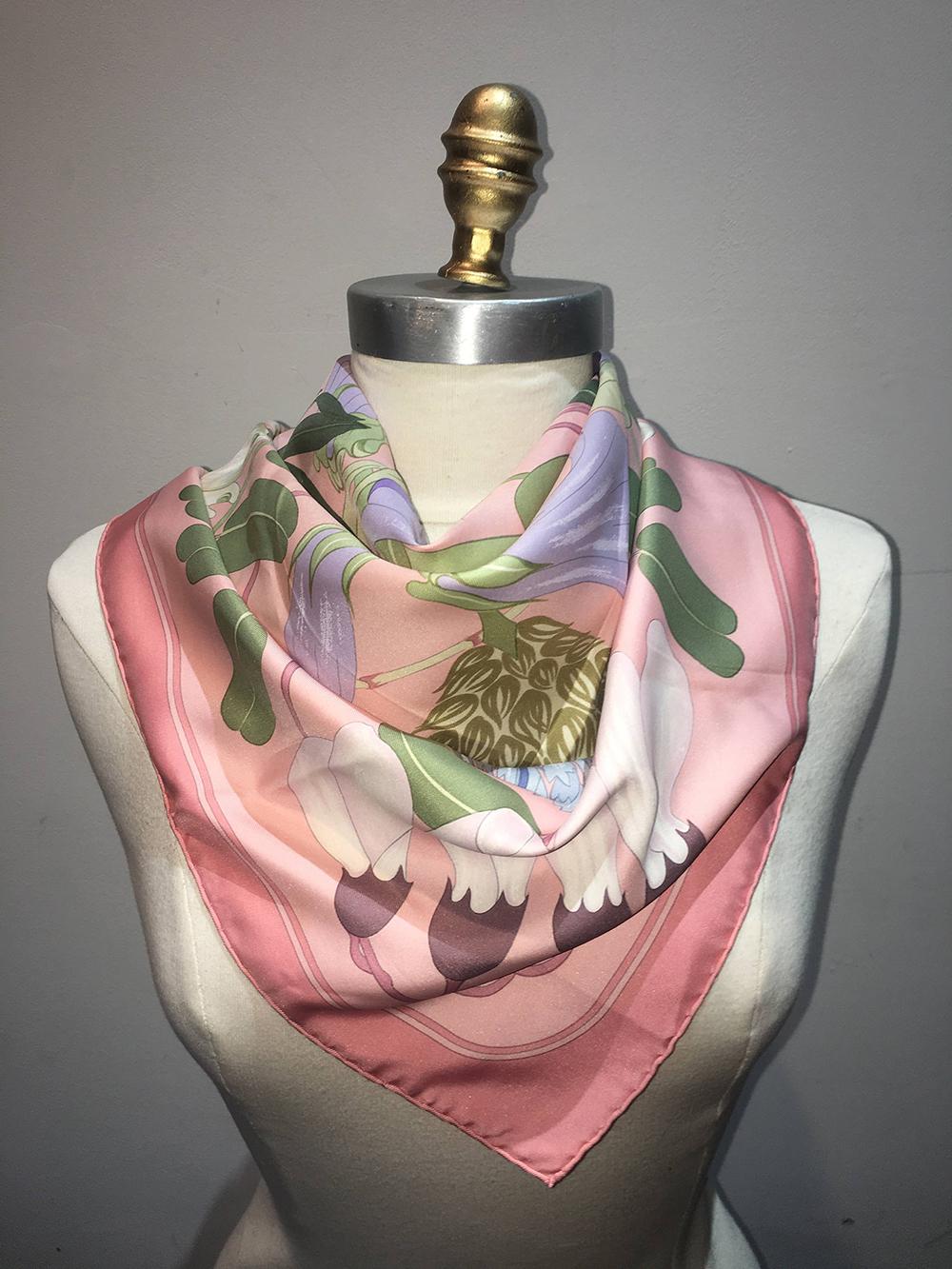 Great Condition Cerise Pink Vintage Satin Scarf 1970s Purchased in France