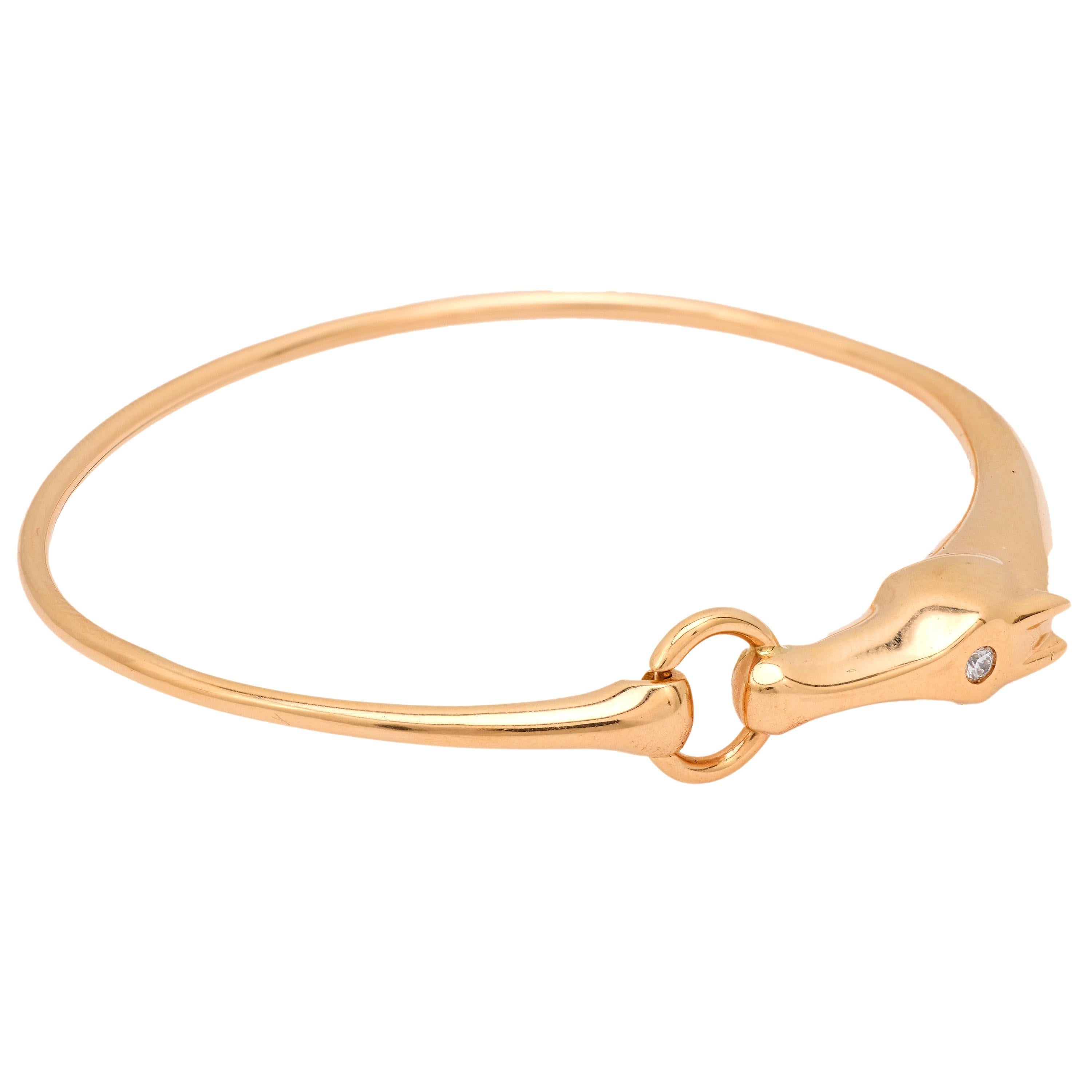 Vintage Hermes French diamond 18k rose gold Galope horse bangle In Good Condition For Sale In Beverly Hills, CA
