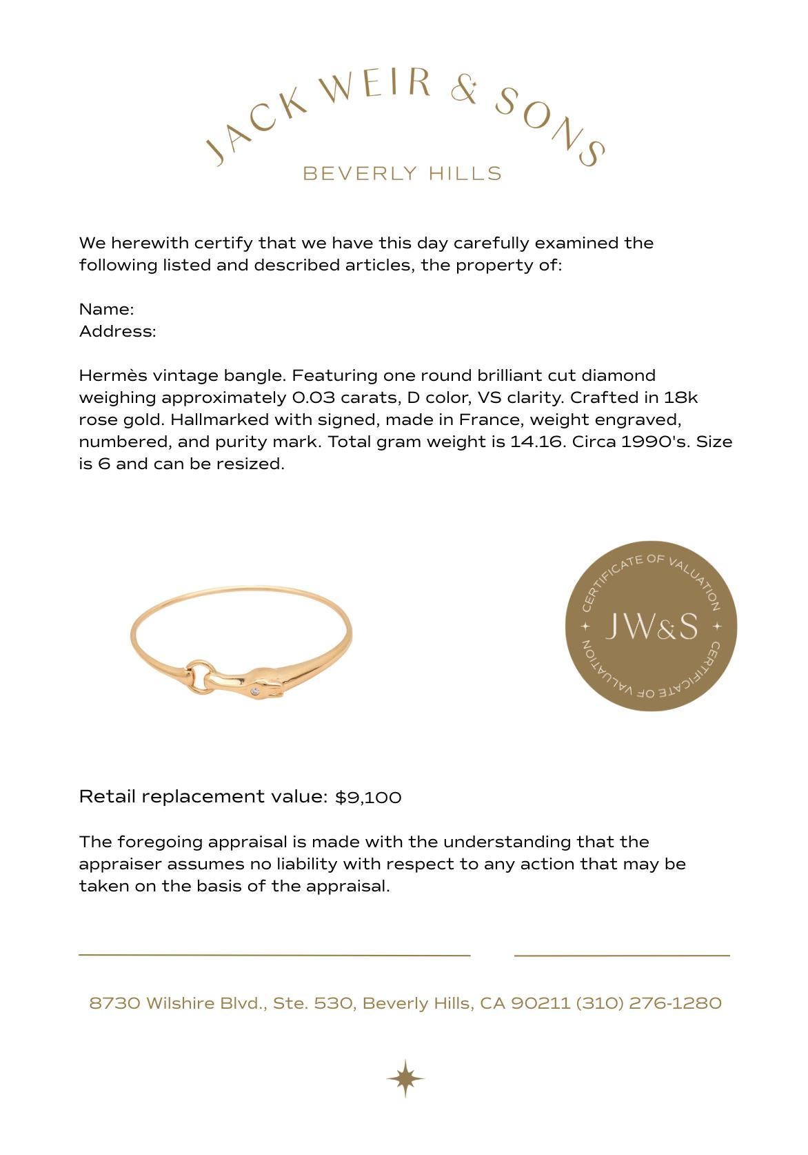 Women's Vintage Hermes French diamond 18k rose gold Galope horse bangle For Sale