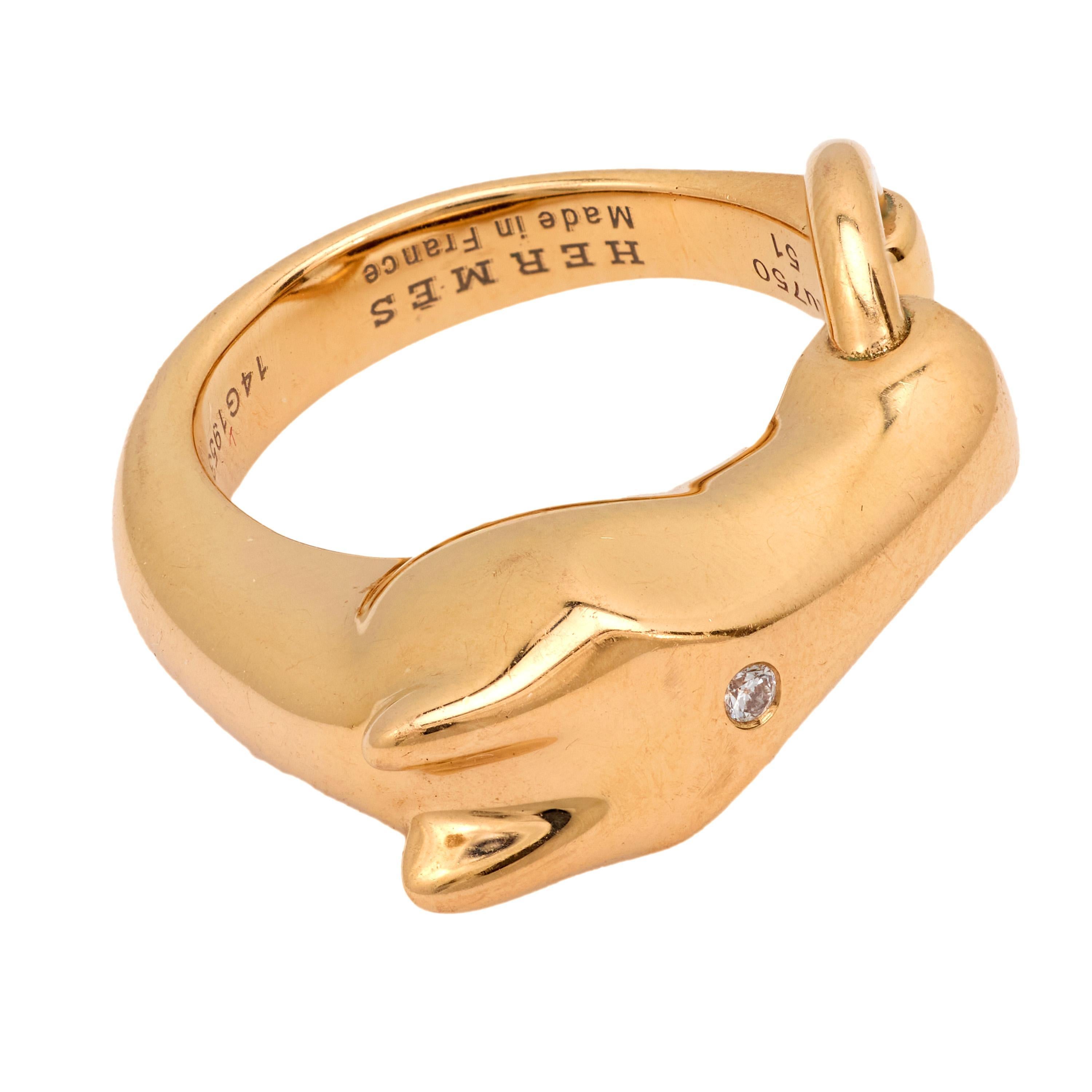 Modern Vintage Hermes French diamond 18k rose gold Galope horse ring For Sale