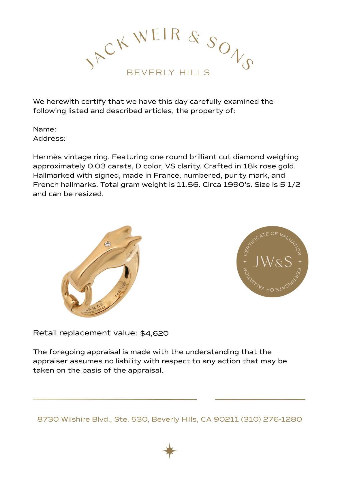 Women's Vintage Hermes French diamond 18k rose gold Galope horse ring For Sale