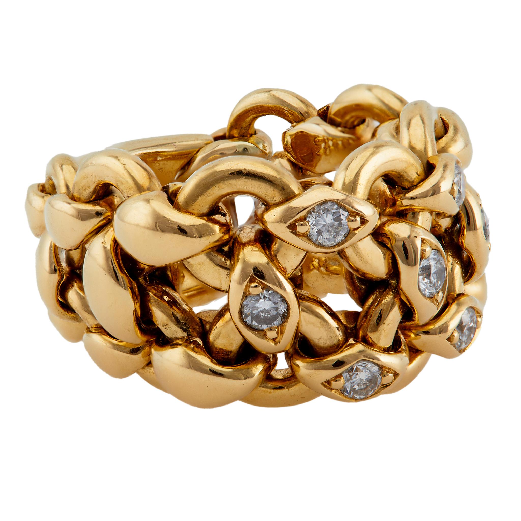Vintage Hermes French Diamond 18K Yellow Gold Chain Link Ring In Good Condition In Beverly Hills, CA