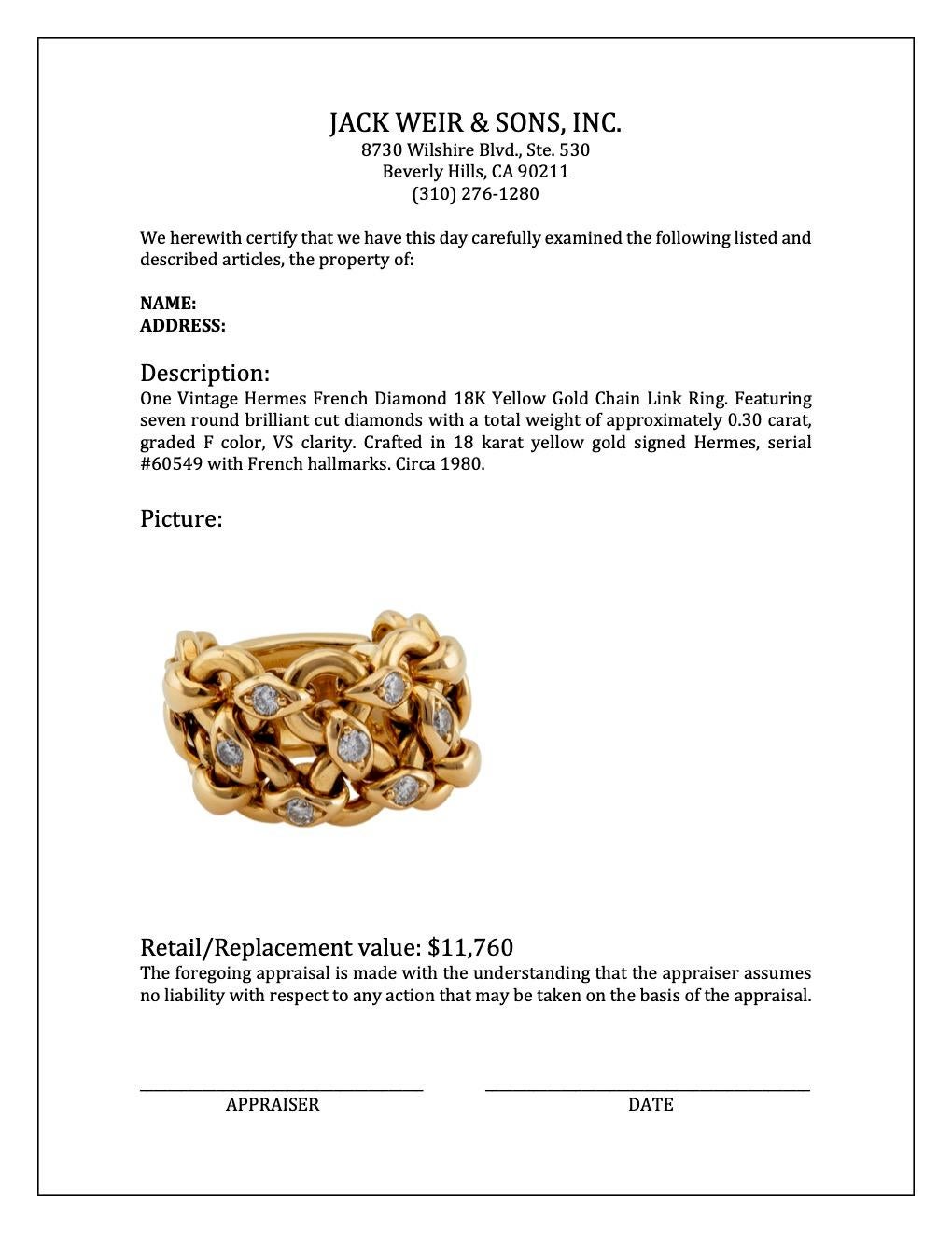 Women's or Men's Vintage Hermes French Diamond 18K Yellow Gold Chain Link Ring