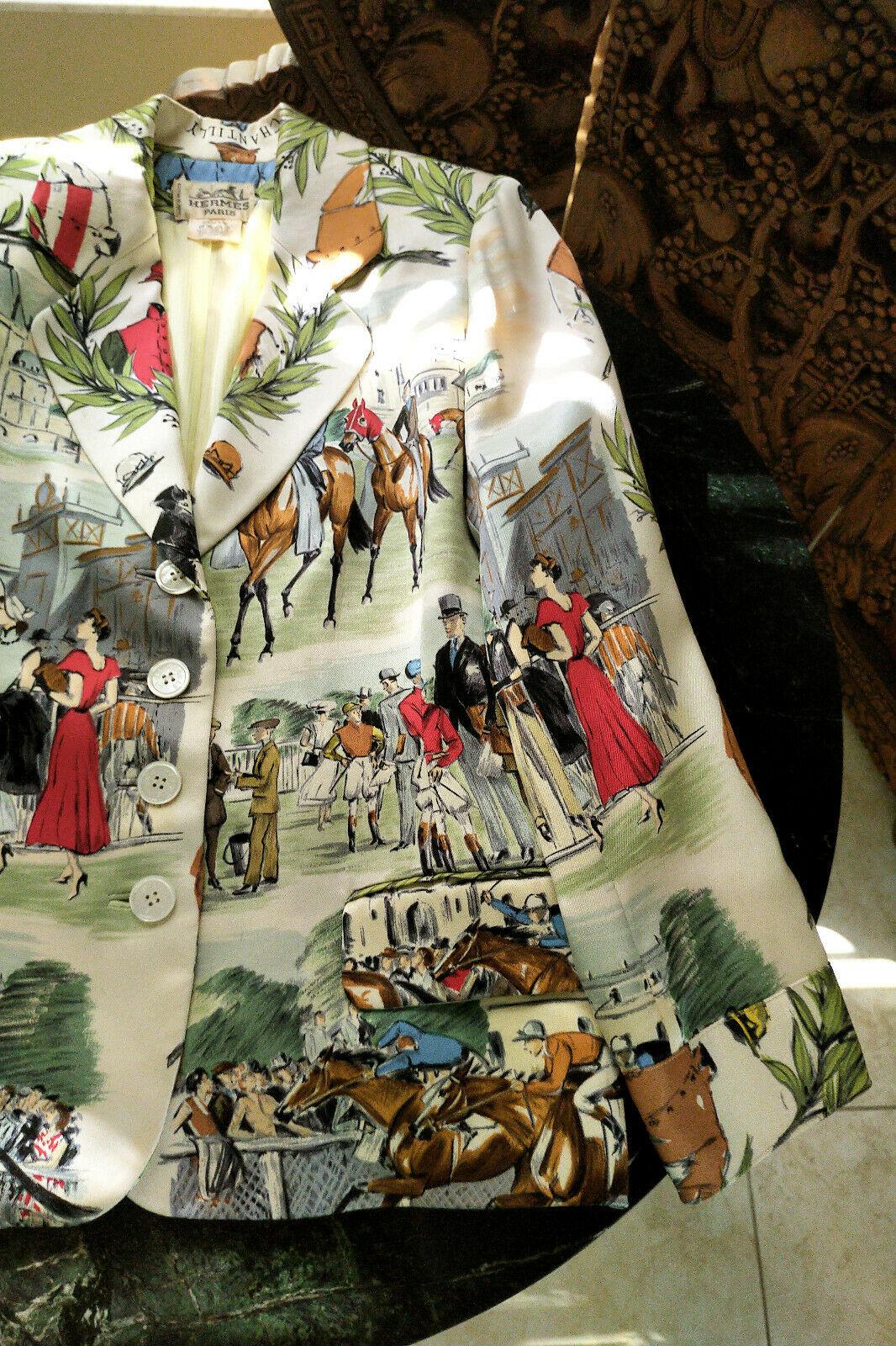 Vintage Hermès French Equestrian Race 100% Silk Scarf Print Jacket FR 38/ US 4 6 For Sale 3