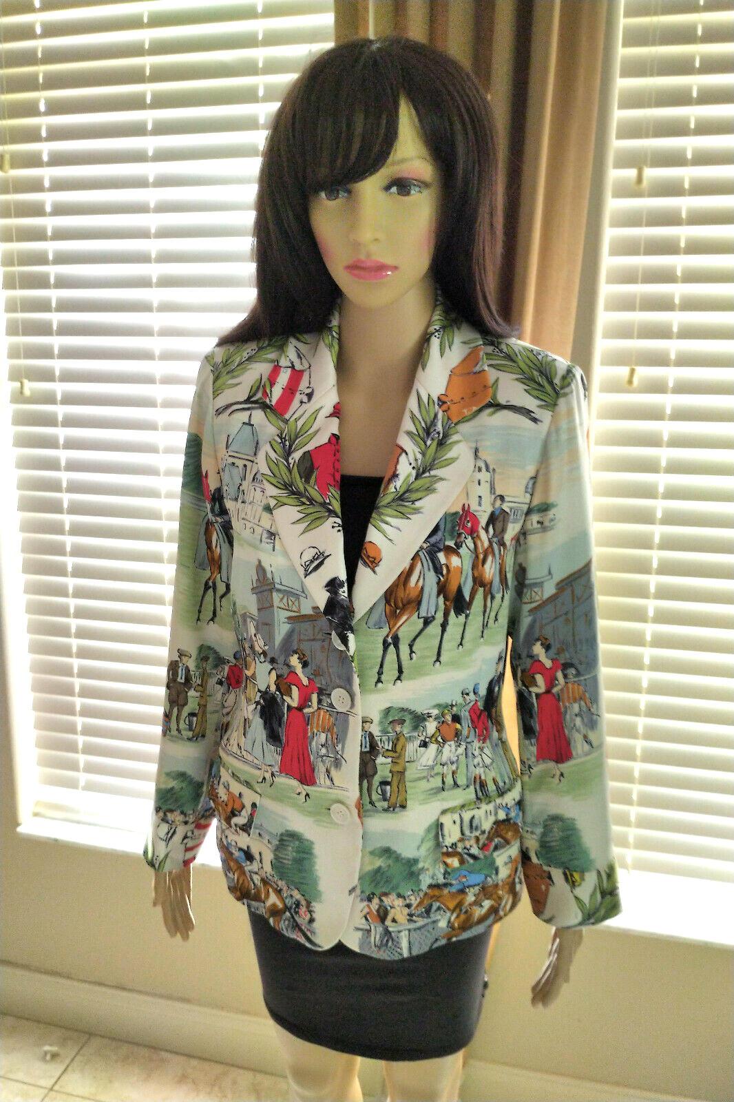 Women's Vintage Hermès French Equestrian Race 100% Silk Scarf Print Jacket FR 38/ US 4 6 For Sale